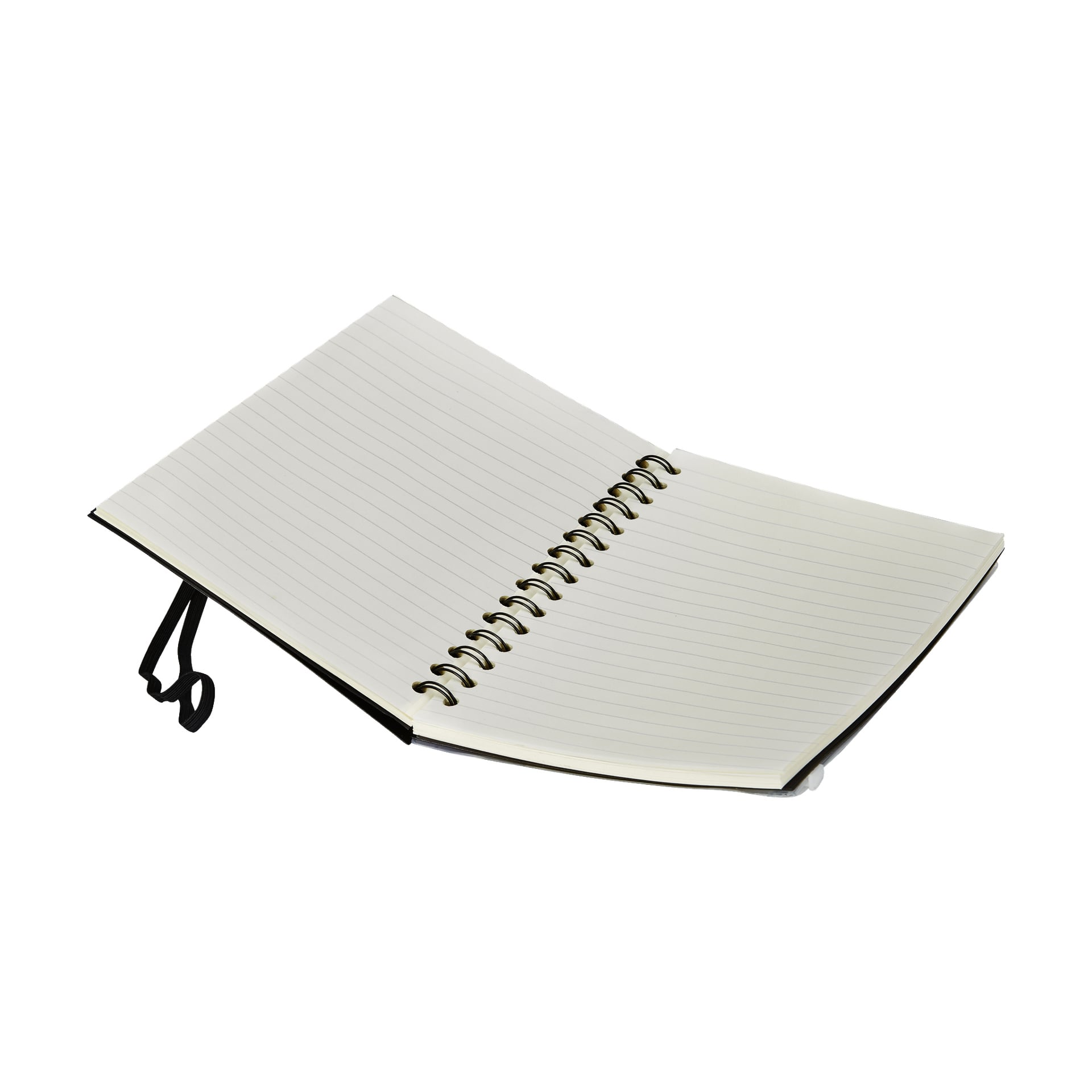 En öppen NO-brand EMW Notebook ligger med linjerade sidor synliga och ett svart bokmärke bredvid. De tomma bladen väntar på att skrivas.