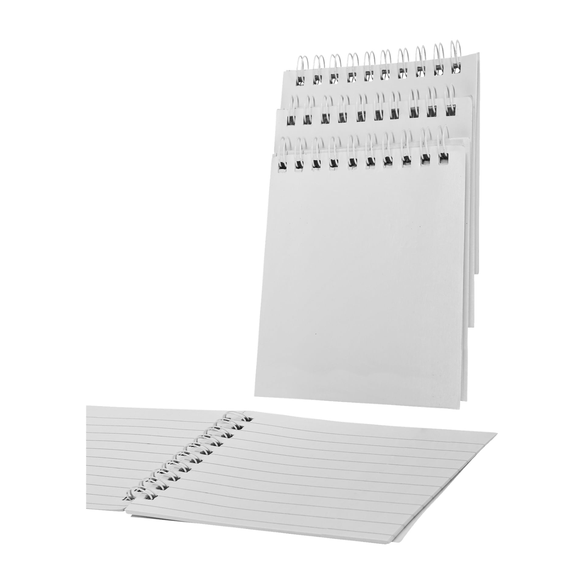 Tre tomma spiralblock från No brand EMW Spiral Pad 3-paketet är staplade vertikalt, med ett öppet anteckningsblock placerat framtill som visar linjerade sidor.