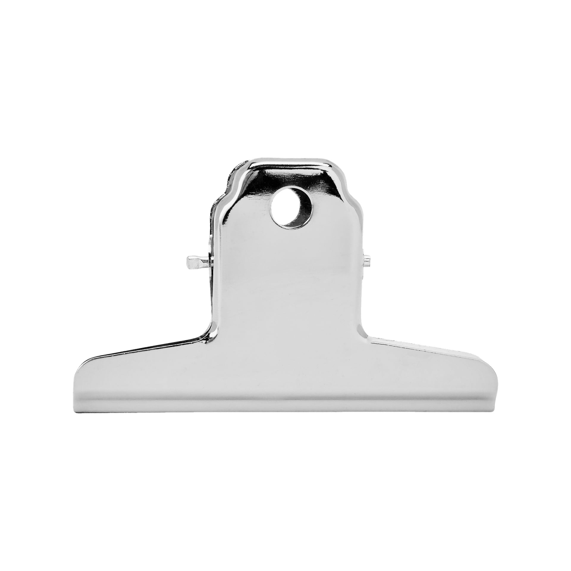 En närbild av en stor silverfärgad metallklämma från No brand EMW, med ett centralt hål upptill.