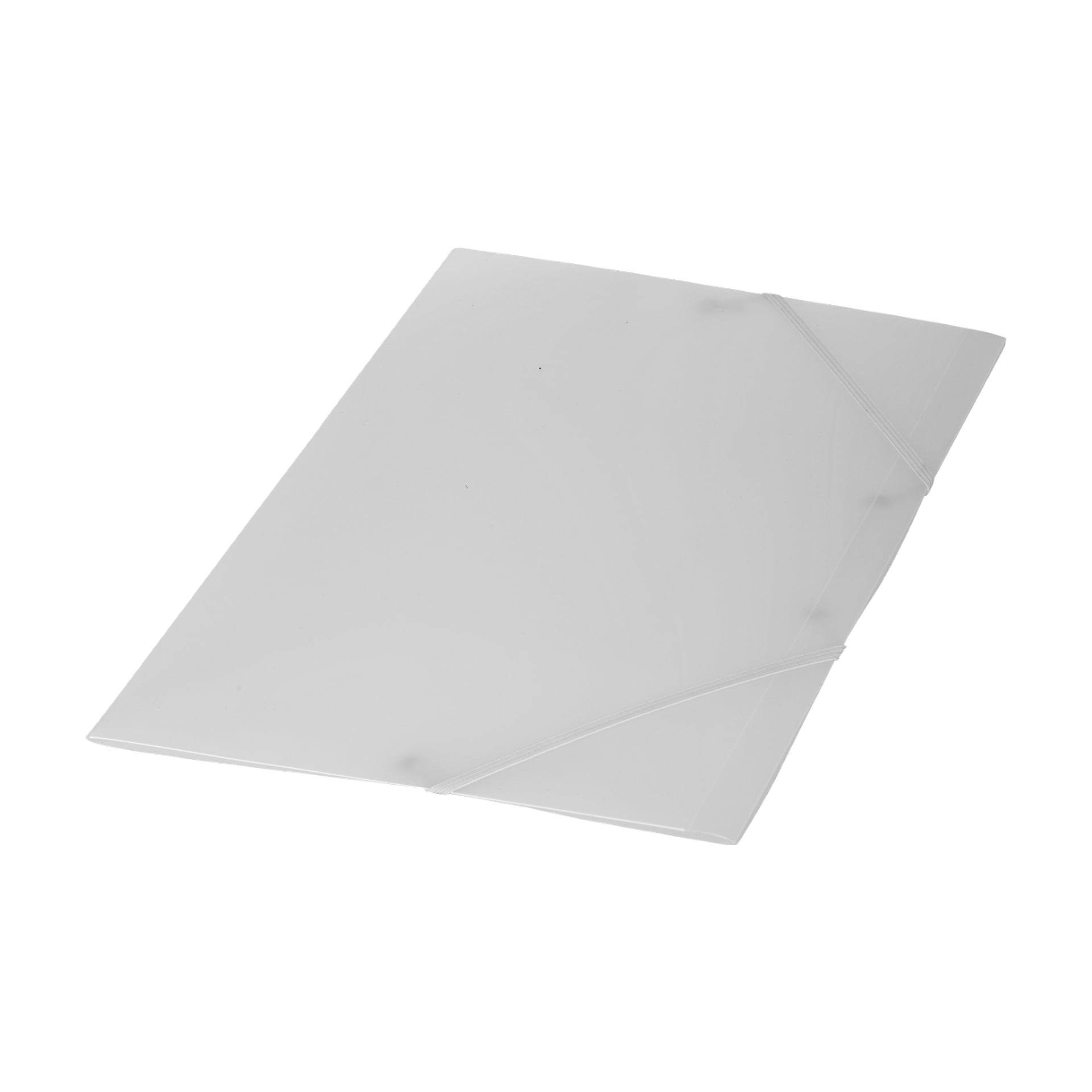 Tre gjennomsiktige plastmapper fra No brand EMW, hver med strikker som fester tre hjørner. Mappene er tomme, har en jevn, matt finish, og vises liggende flatt.