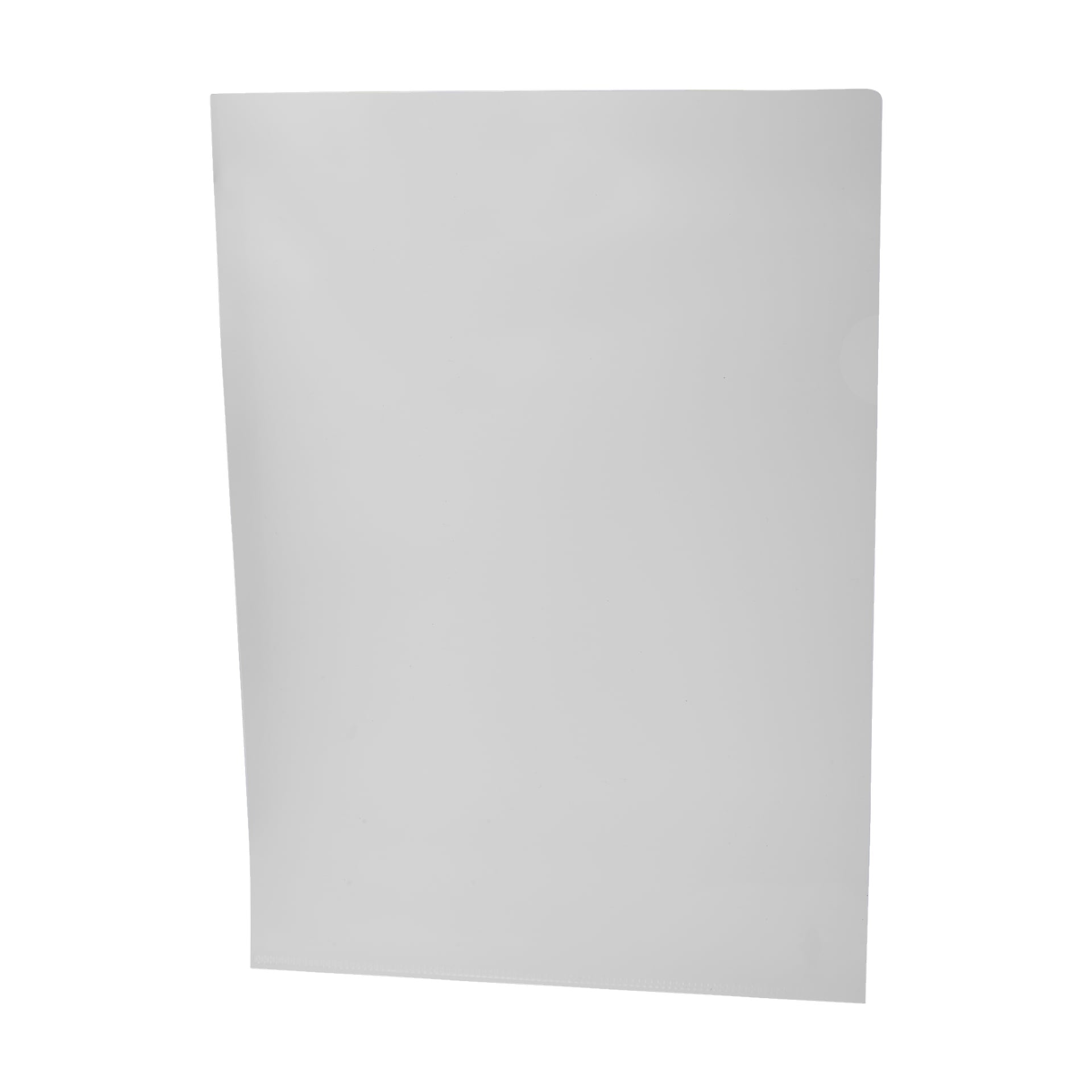 Zwykła, przezroczysta plastikowa teczka z "Plastic folder 10 pack" marki No marki EMW, bez widocznych oznaczeń czy tekstu, stoi pionowo i wydaje się pusta, lekko przechylona w lewo.