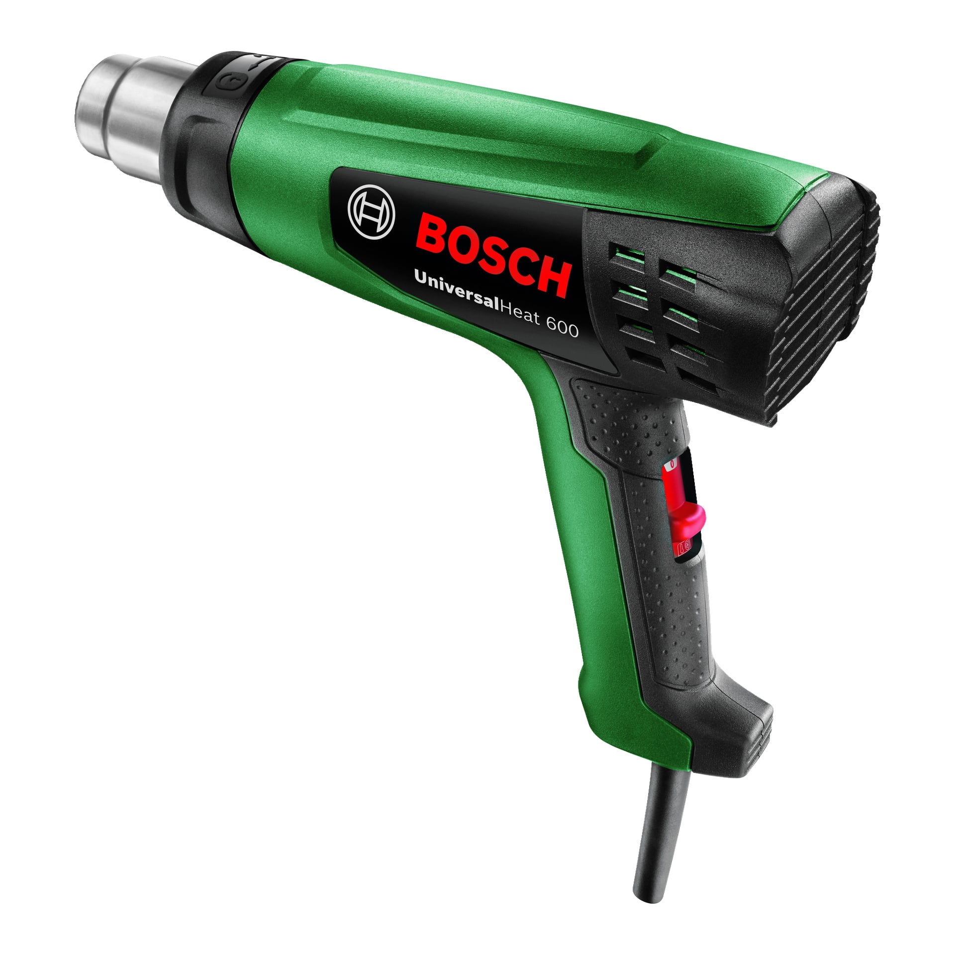 En grön och svart Bosch UniversalHeat 600 varmluftspistol med silvermunstuk, röd avtryckare och ansluten strömkabel.