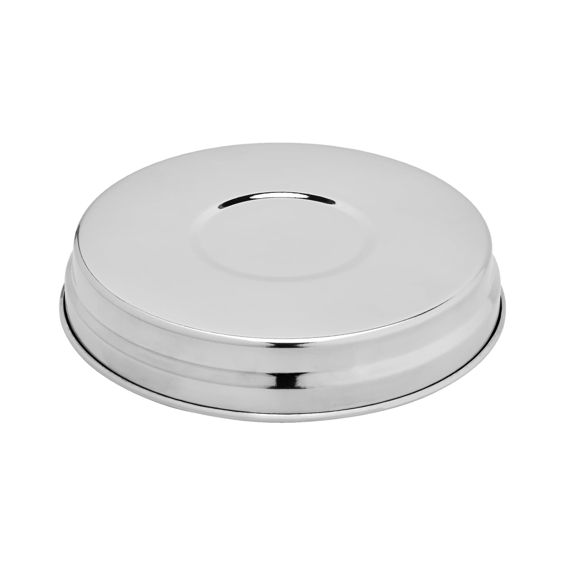 Zestaw Kayoba Cookware trzyczęściowy posiada okrągłą pokrywkę ze stali nierdzewnej z płaskim wierzchem i centralnym okrągłym wgłębieniem.