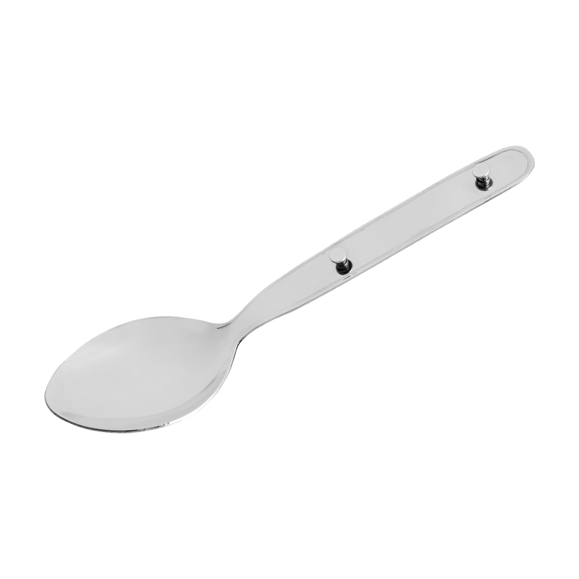 En blank metallsked från Kayoba Cutlery tredelade set, med två synliga nitar på handtaget.