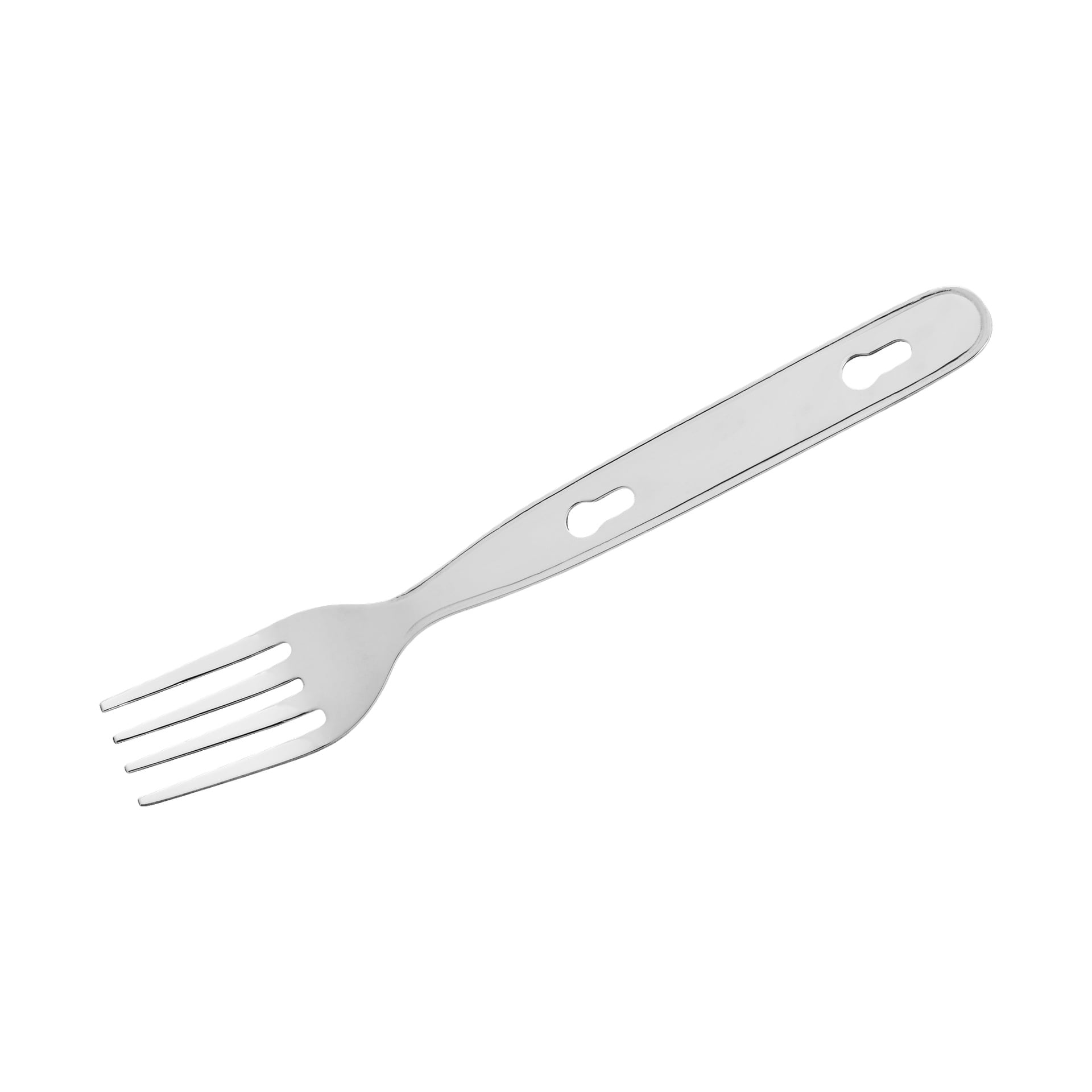 En gaffel i rostfritt stål från Kayoba Cutlery tredelade set, med fyra taggar och två ovala hål i handtaget.