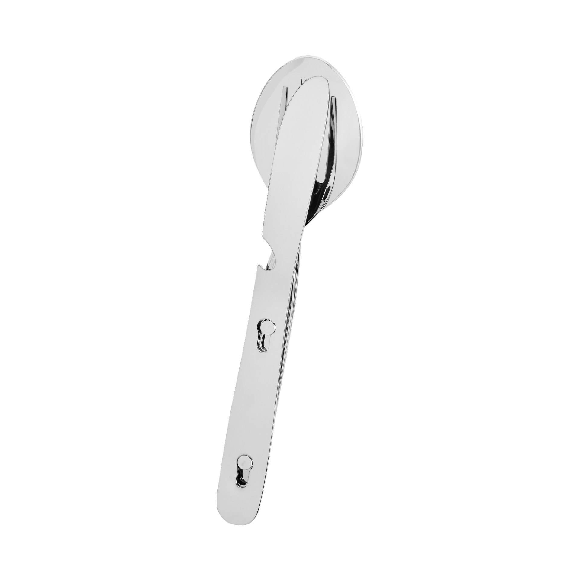 Kayoba Cutlery Set 3 Pieces är ett blankt multiverktyg i rostfritt stål som kombinerar sked, kniv och gaffel i en kompakt design. Redskapen viks ihop runt ett platt handtag som är säkrat med två låsstift.