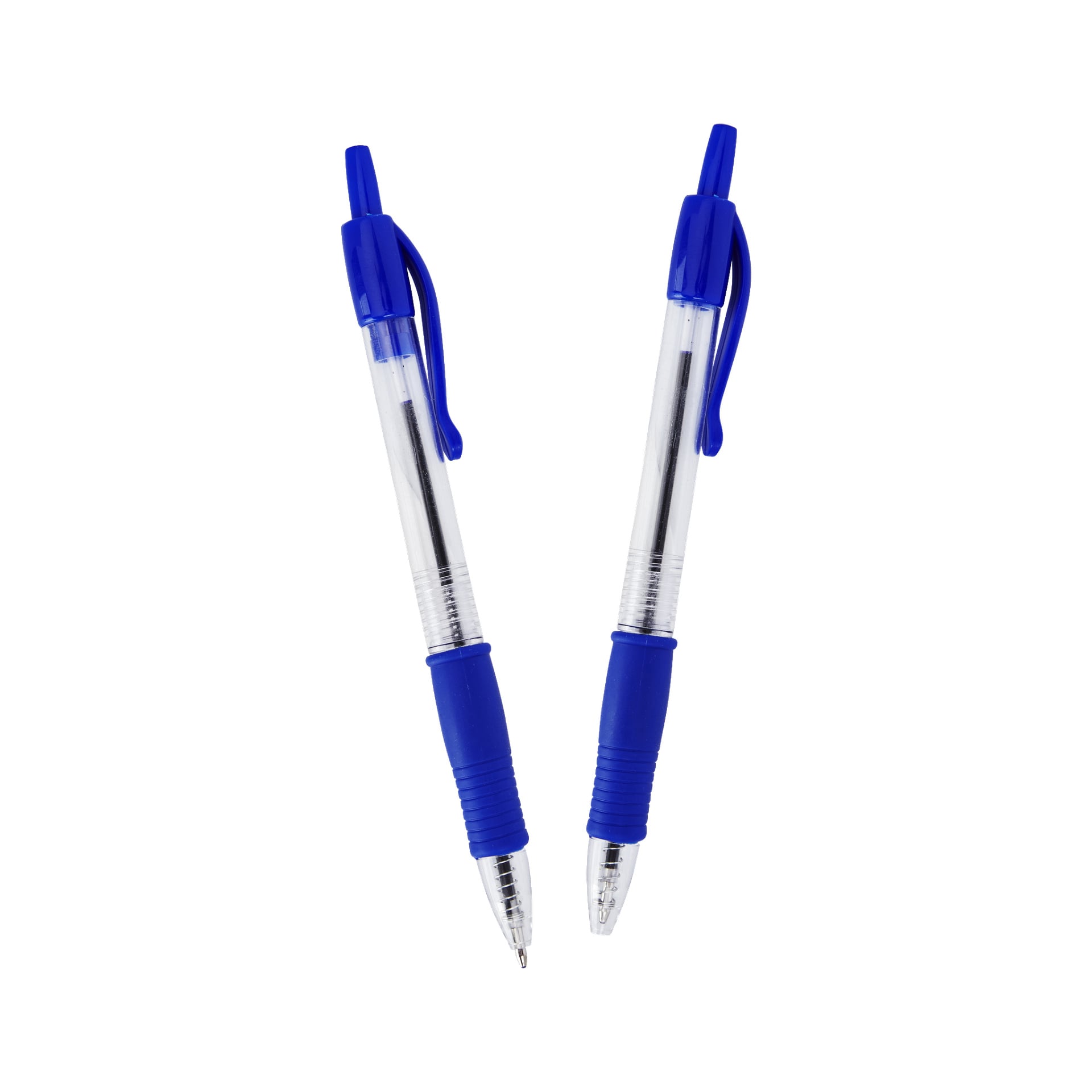 Två kulspetspennor från No brand EMW Ballpoint penn 6-pack, var och en med genomskinlig pipa och blått grepp, står upprätt och är något vinklade bort från varandra.
