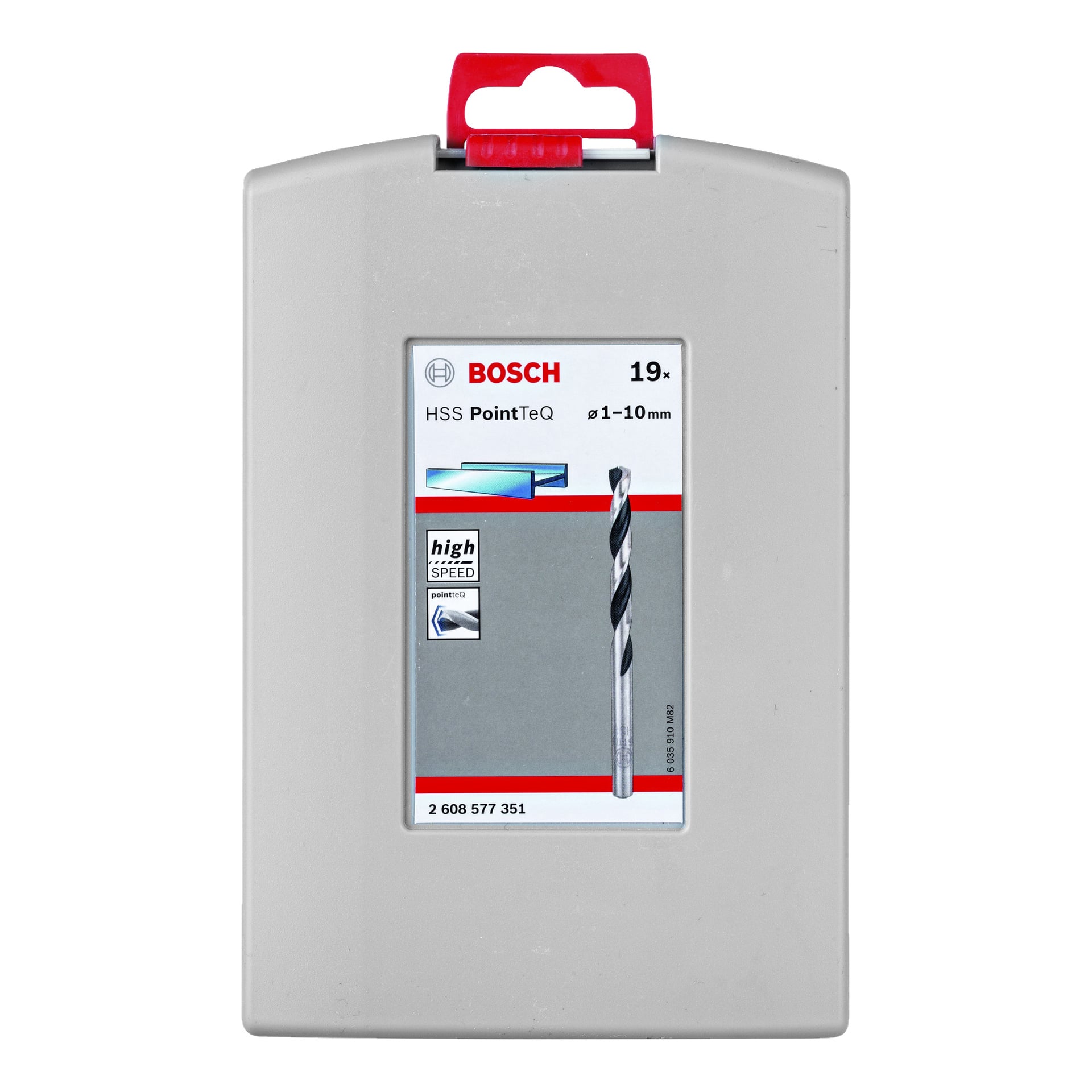 En grå Bosch-kasse som inneholder et 19-dels metallborsett viser en etikett med et bilde av et enkelt bor, sammen med tekst som viser at det har HSS PointTeQ-bor for størrelser fra 1 til 10 mm og er bygget for høyhastighetsapplikasjoner. Etuiet har et rødt håndtak på toppen.