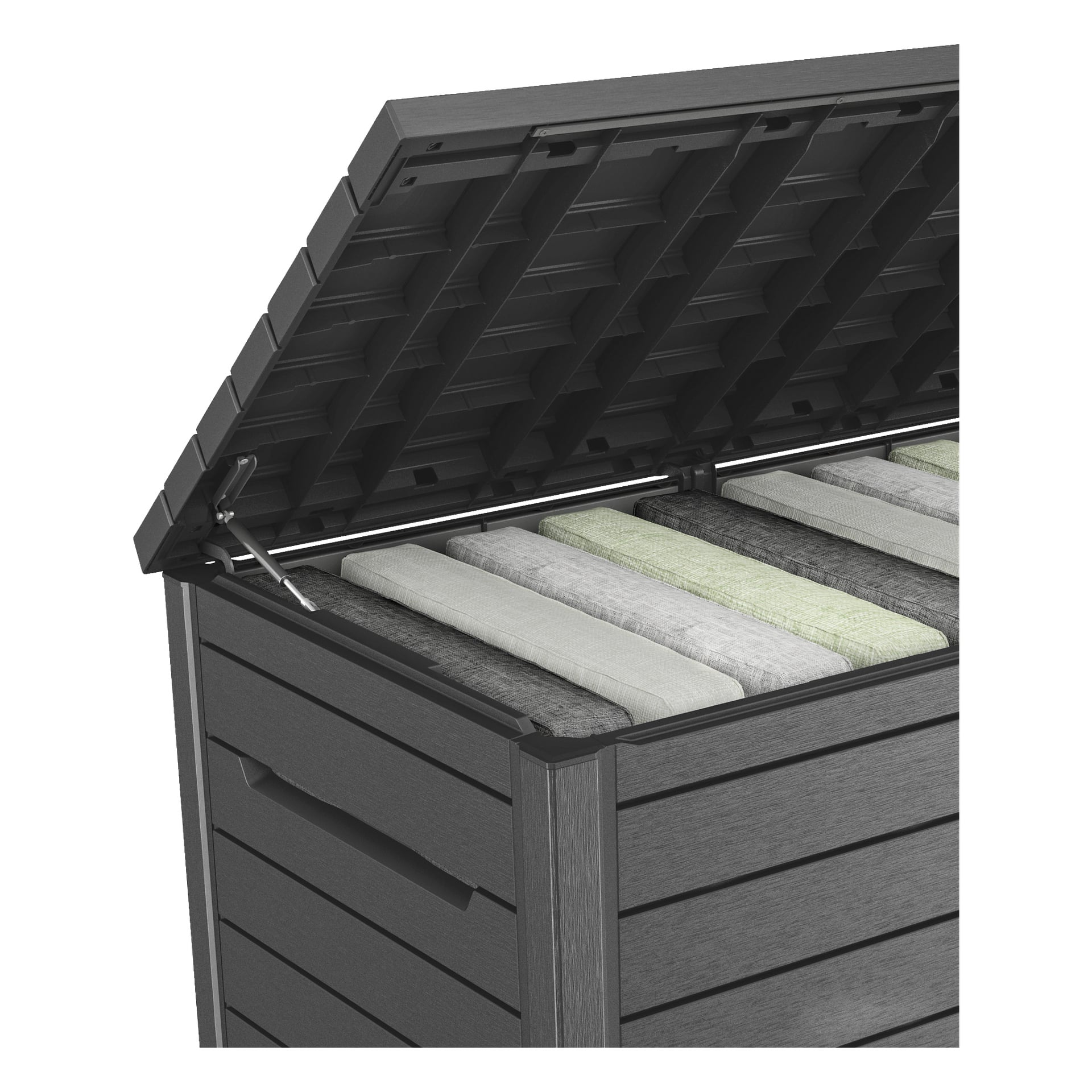 Et detaljert bilde av Keter Cushion Box Ontario viser det åpne hengslede lokket med sammenbrettede puter pent arrangert inni. Oppbevaringsboksen har en trestilfinish og har sidehåndtak for enkel bæring.