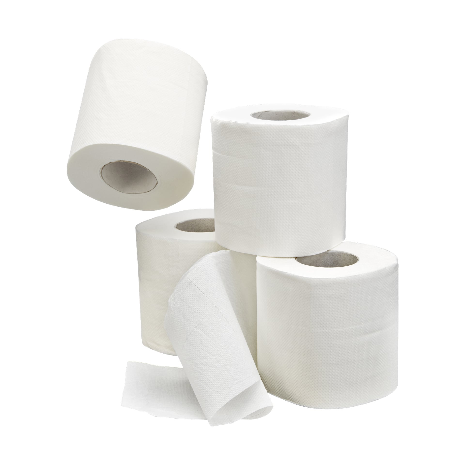 Fyra rullar Stimex toalettpapper staplas tillsammans. En rulle ställs åt sidan med ett ark utdraget, och en annan ligger i vinkel ovanpå stapeln.