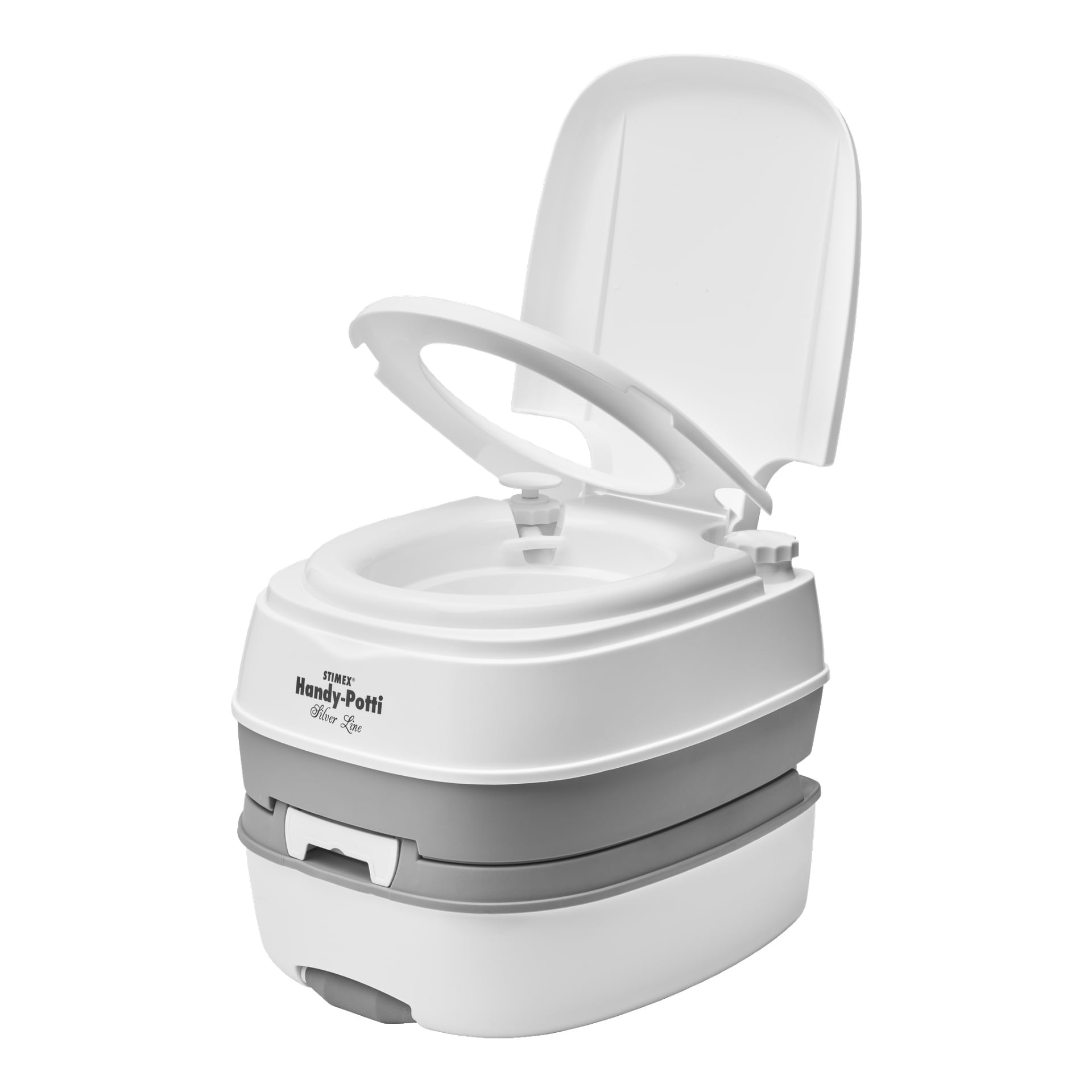 Biało-szary Stimex Portable Toilet Handy Potti Silverline pokazany jest z otwartą pokrywą i deską.