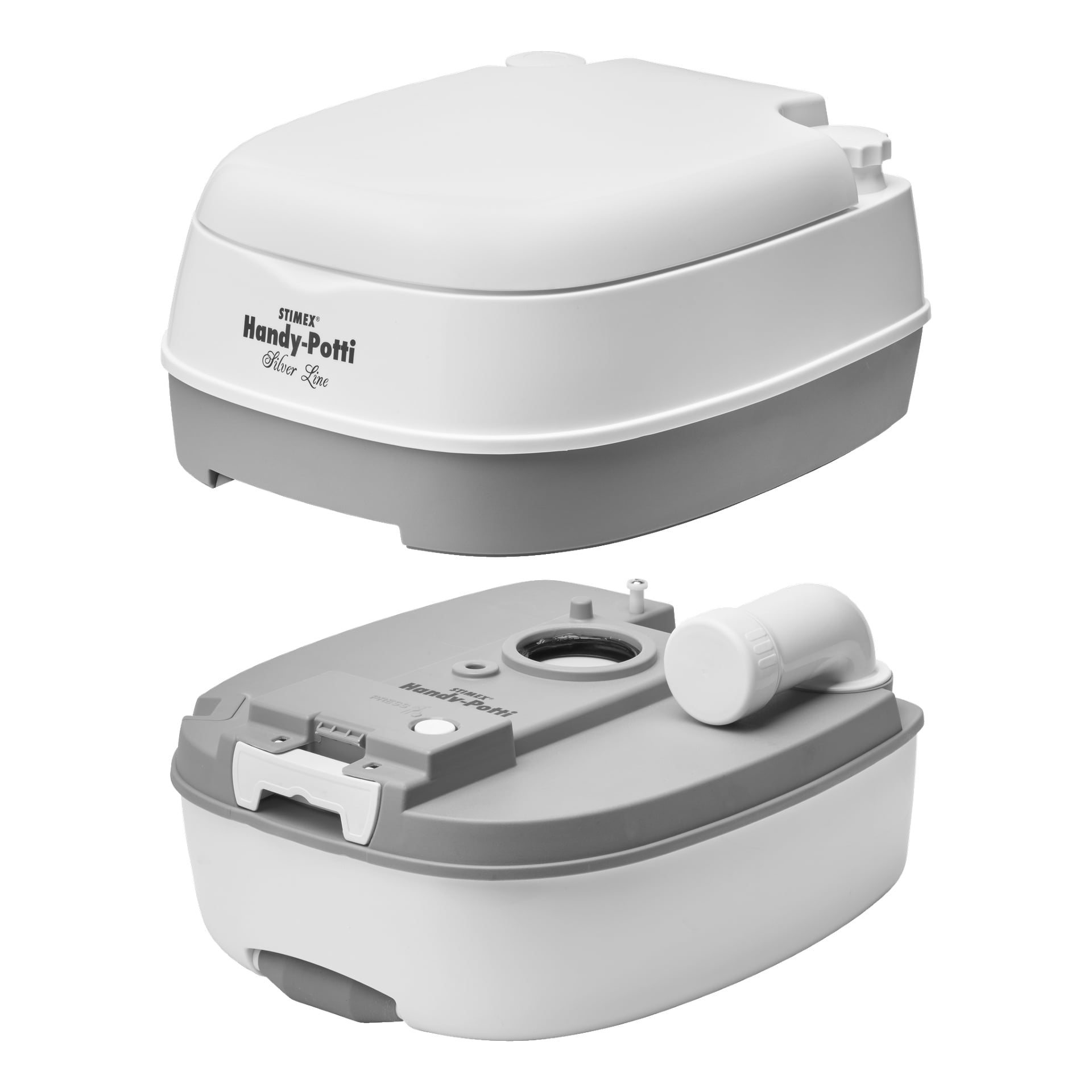 Obraz przedstawia dwie perspektywy Stimex Portable Toilet Handy Potti Silverline, z białym i szarym wzorem. W pierwszym ujęciu urządzenie jest w pełni złożone z zamkniętą pokrywą. Drugi widok przedstawia rozebraną toaletę, pokazując oddzielne elementy podstawy i zbiornika.