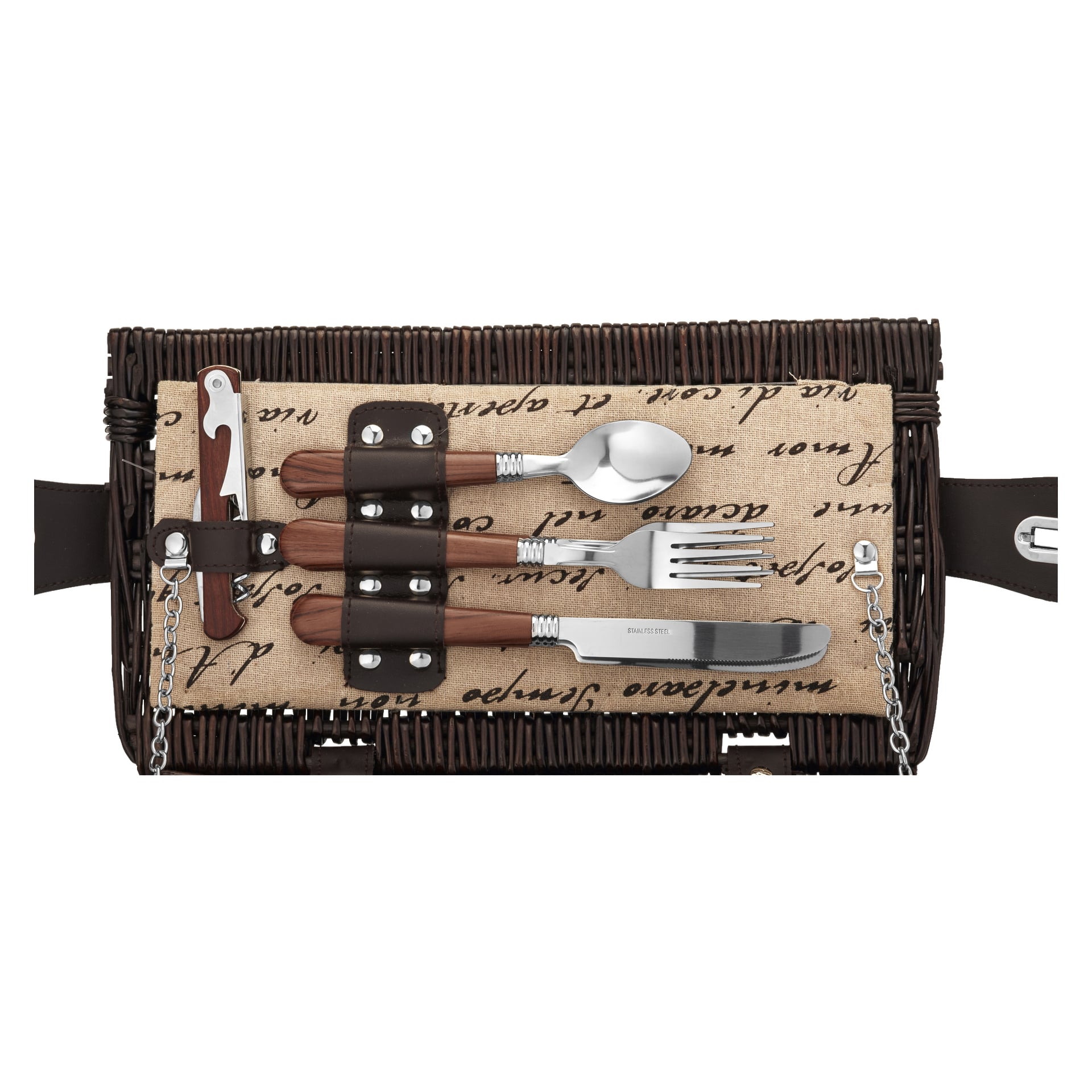Kayoba Picnic-korgen visar sked, gaffel och kniv med trähandtag, var och en fäst vid sitt vävda lock med läderremmar. Det finns också en liten kapsylöppnare fäst, och locket är prytt med dekorativ text med skrift.