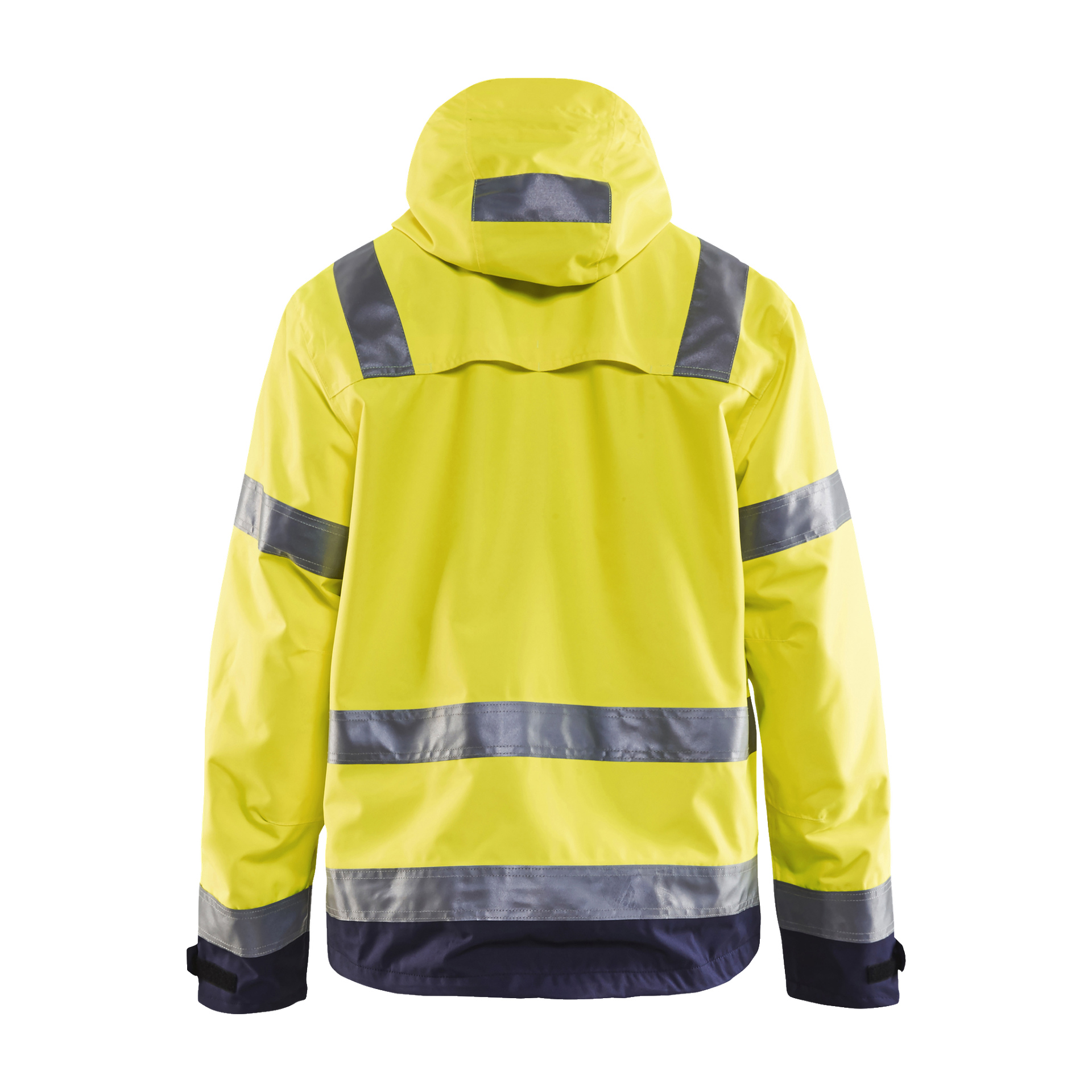 Blaklader Hi-Vis-jackan 483719773389 är en klargul säkerhetsjacka med silverfärgade reflekterande ränder som löper horisontellt och vertikalt på rygg, axlar, armar och midja. Den nedre fållen är gjord av mörkblått material. Jackan har huva och manschetter som kan justeras.