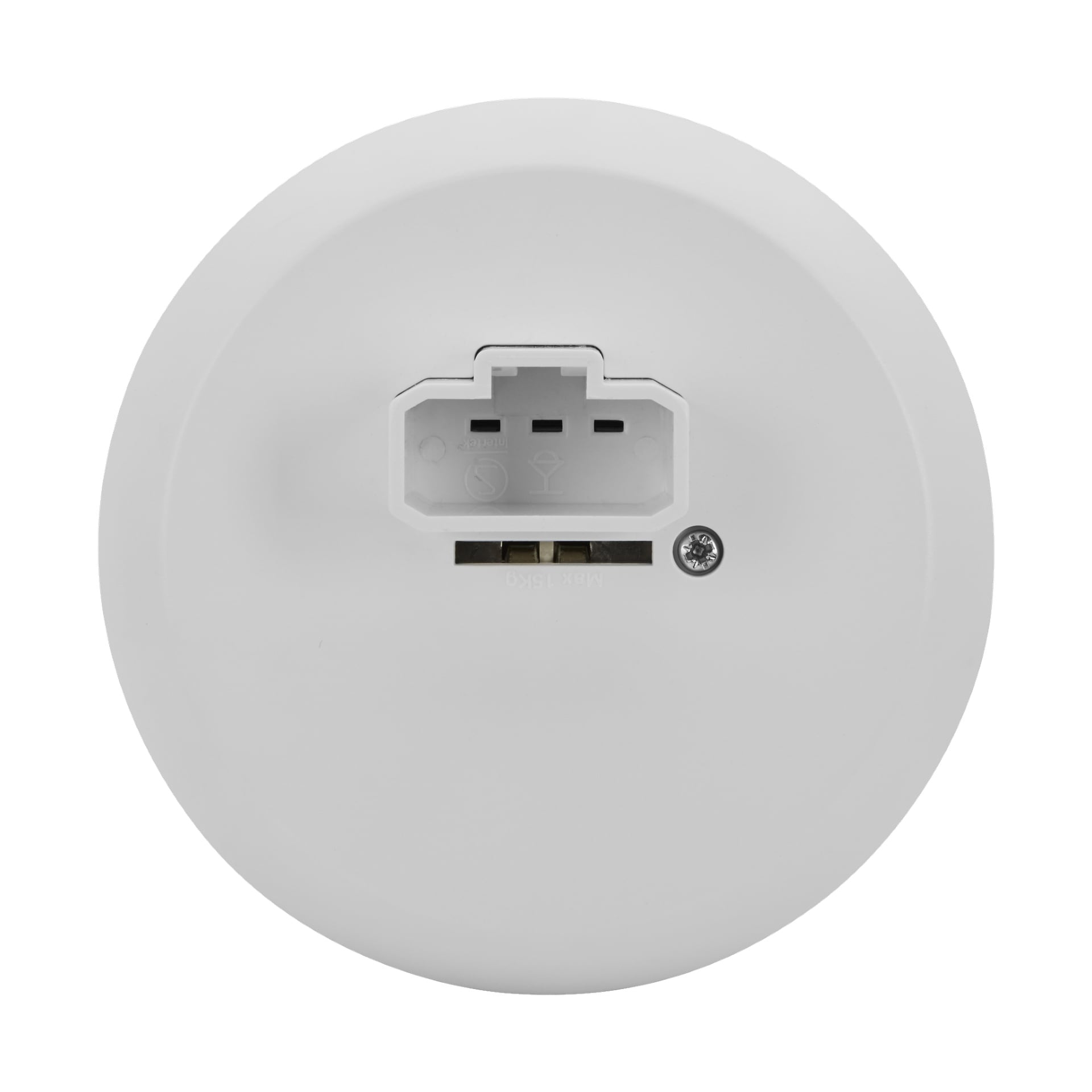 Et nærbilde av Anslut Lampe-socket DCL, en rund hvit elektronisk enhet med en rektangulær elektrisk kontakt og en liten skrue under.