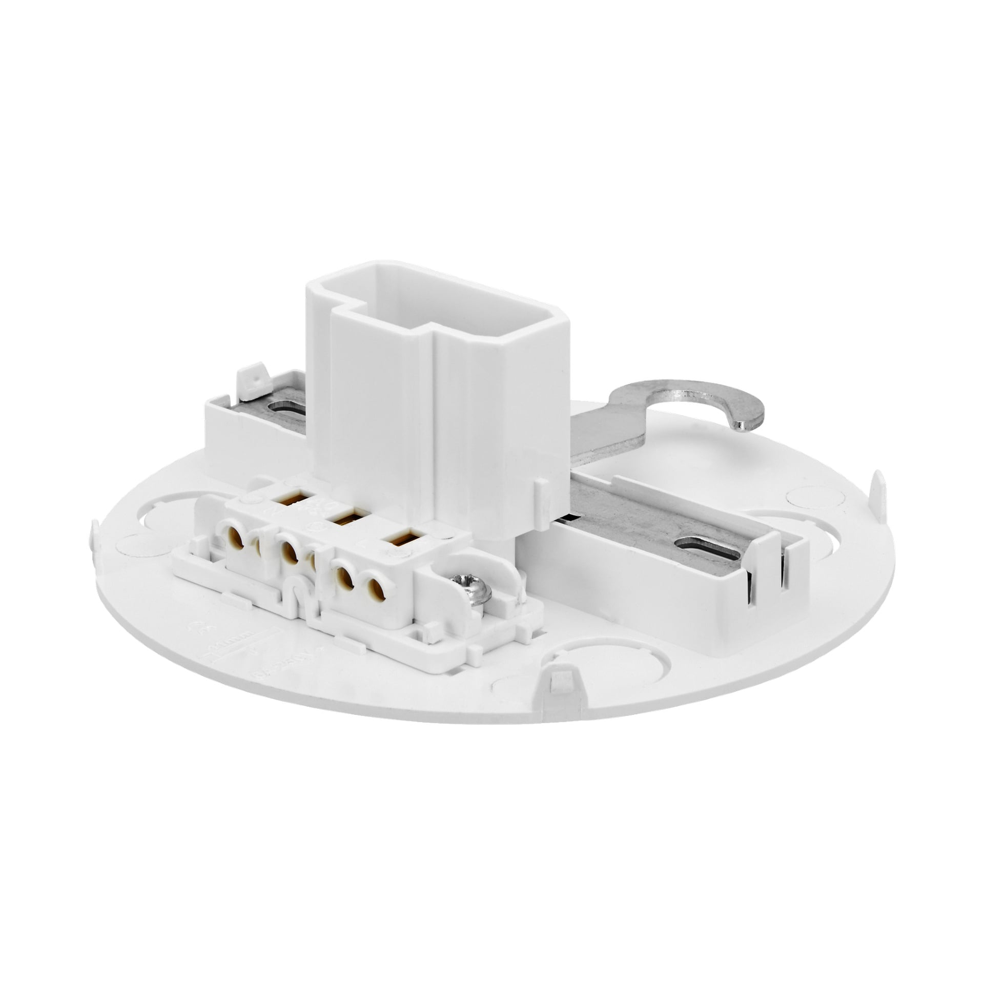 En hvit plast Anslut DCL-lampe har metallkontakter og tilkoblingsterminaler, ment for montering av røykvarslere eller lignende enheter i tak eller vegger.