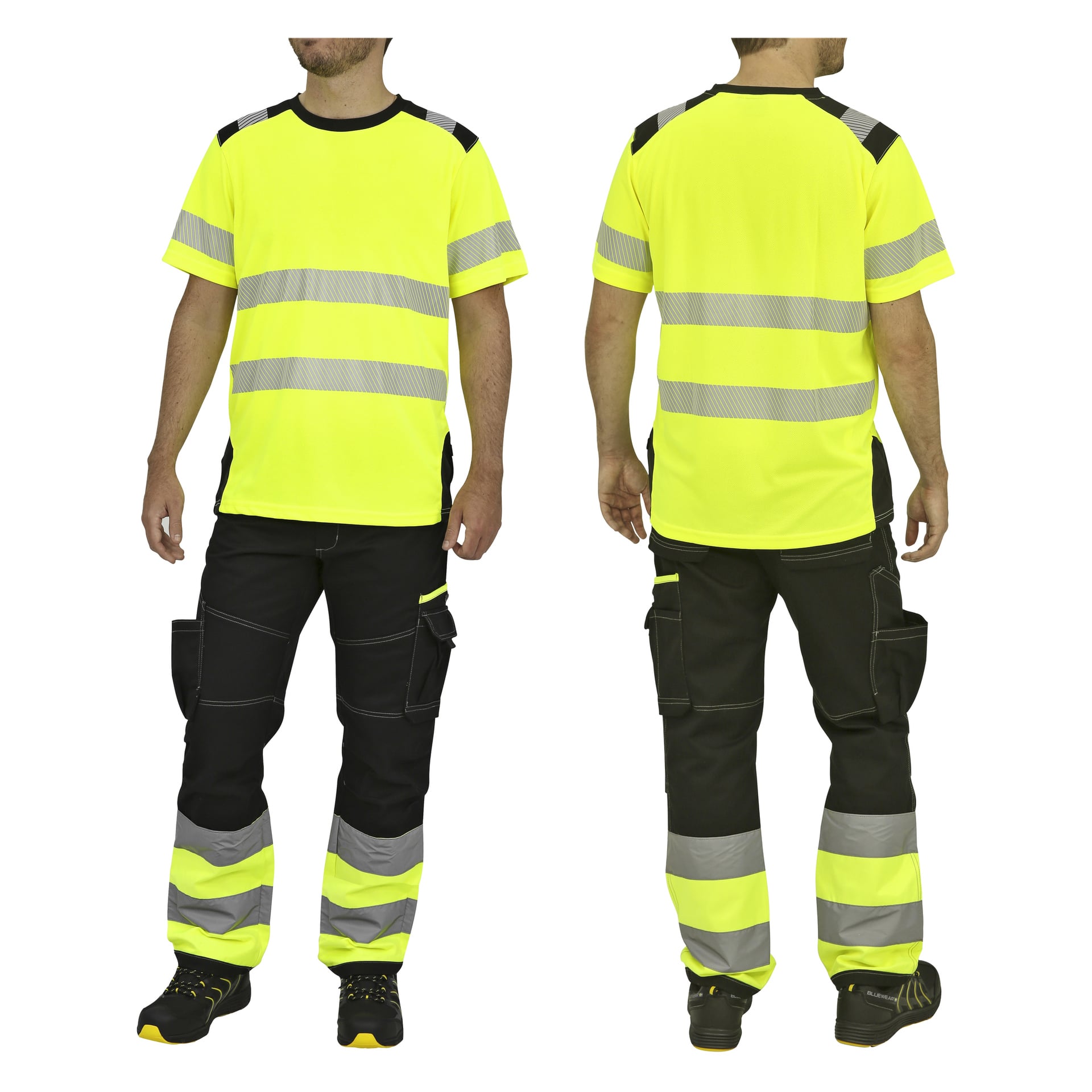 Två personer är avbildade, en vänd mot kameran och den andra med ryggen. Båda bär klargula blåärmade Hi-Vis-skjortor, svarta byxor med reflekterande ränder och svarta skor.