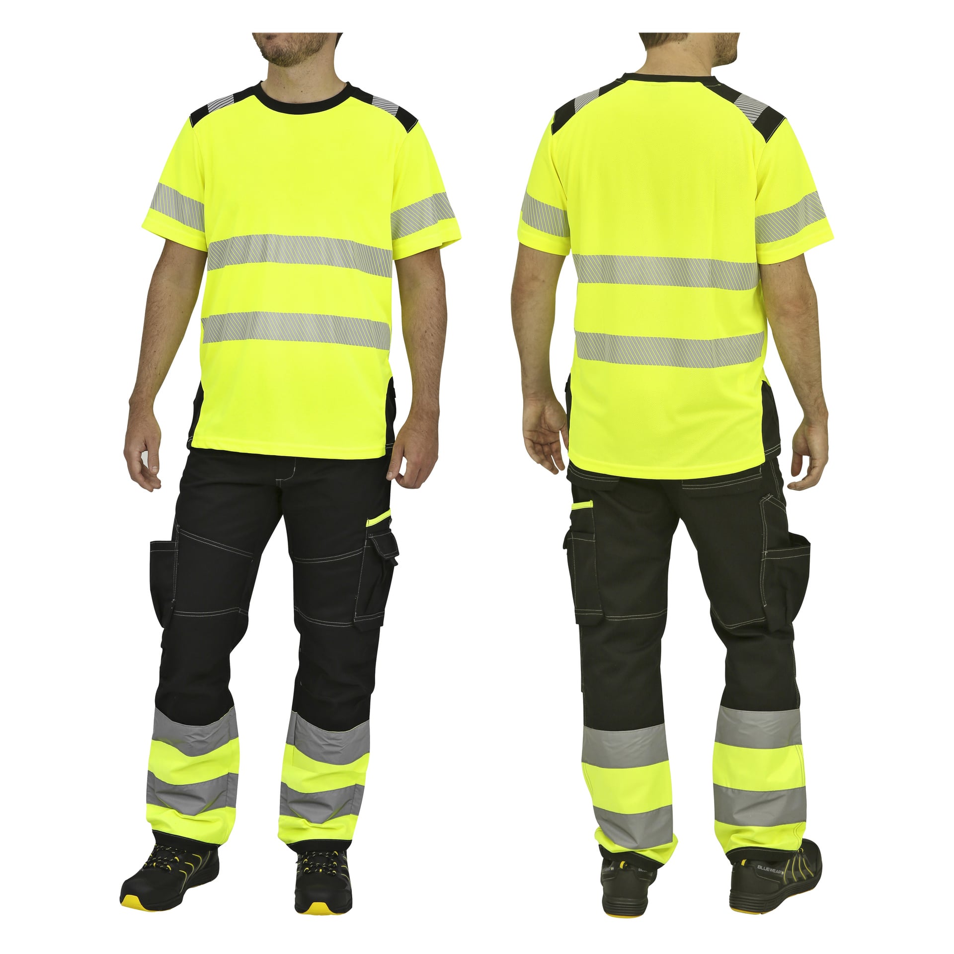 Framifrån och bakifrån av en man klädd i en Bluewear kortärmad högsynlig skjorta i gult och svart med reflekterande band, matchad med svarta cargo-arbetsbyxor med gula och grå paneler vid knäna.