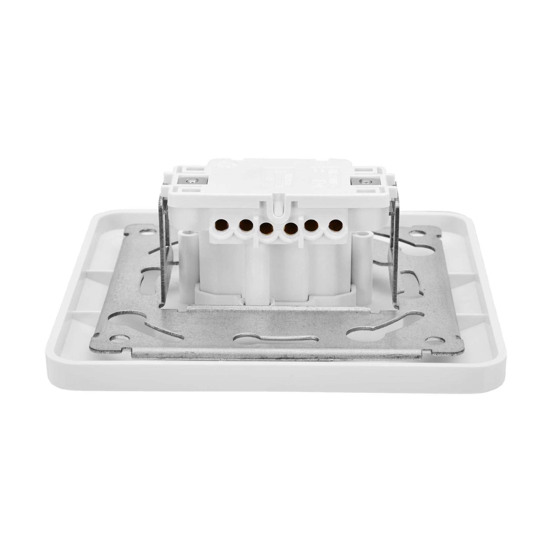 Et nærbilde av baksiden av Anslut Lamp Socket DCL viser eksponerte ledningsspor og en metallmonteringsplate.