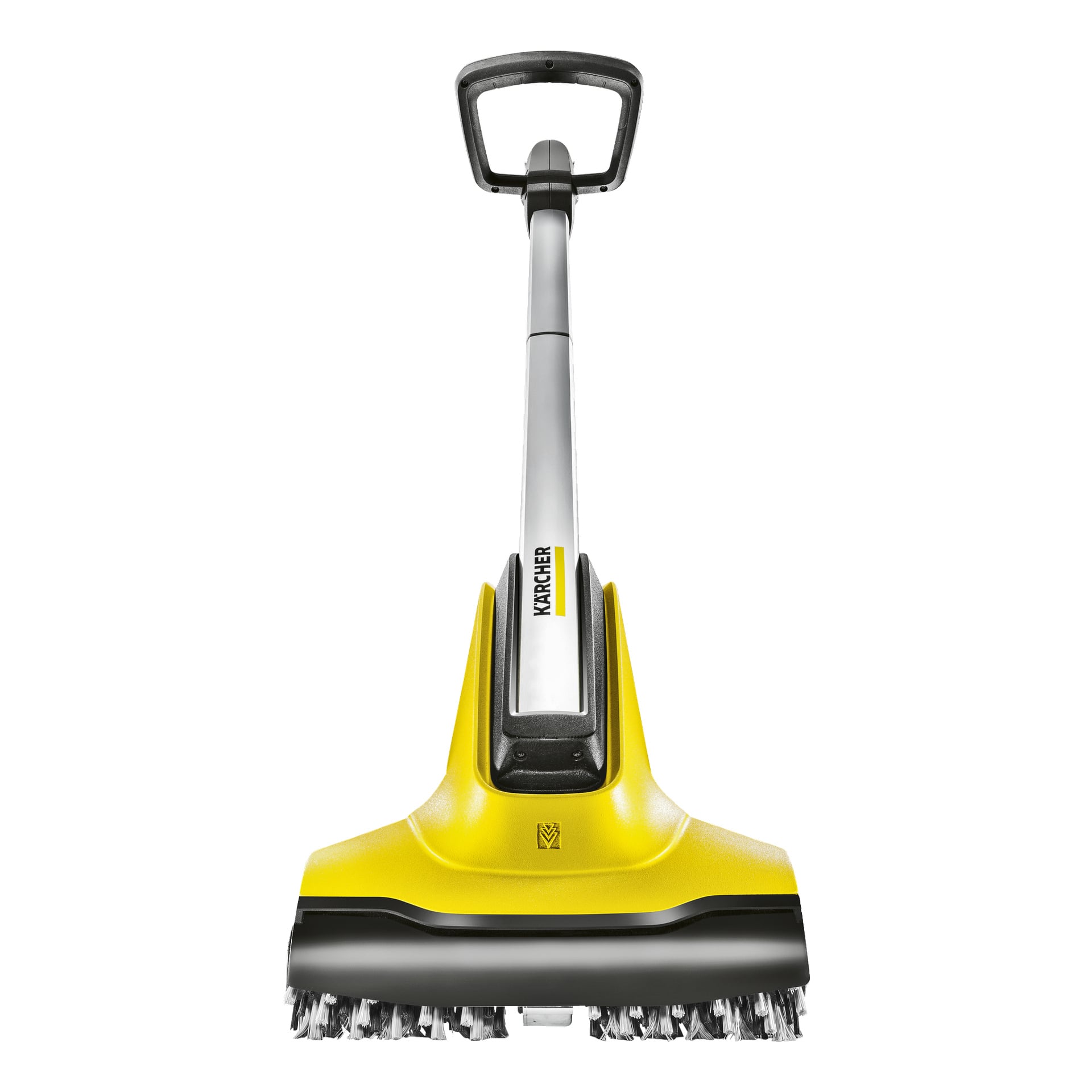 En gul Kärcher Terrace wash T-Cleaner PCL4 elektrisk gulvskrubber med håndtak og eksponerte roterende børster i bunnen, sett forfra.