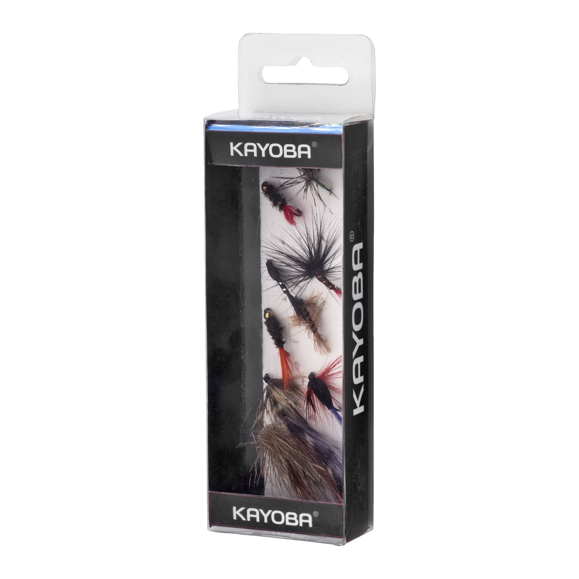 En klar rektangulär plastlåda rymmer tio färgstarka fiskeflugor, var och en med unika fjäder- och trådmönster. Förpackningen visar varumärket Kayoba.