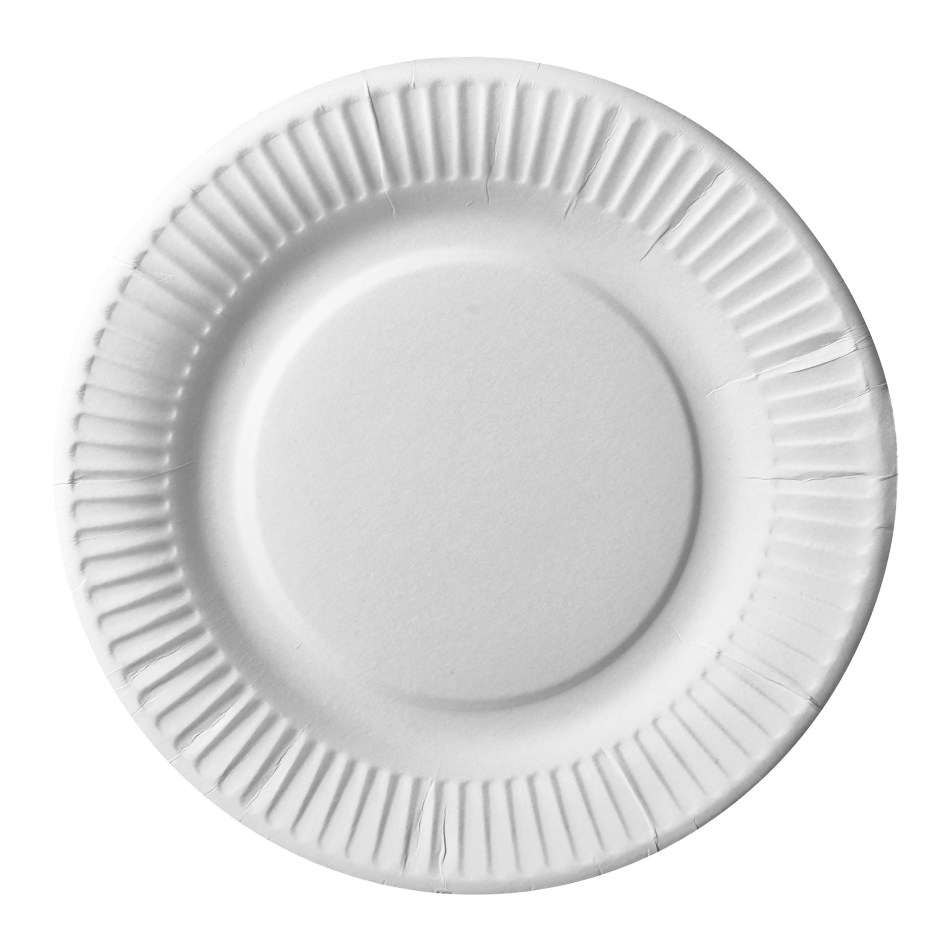 En 25-pakning med Papstar-papptallerkener inkluderer enkle hvite, runde tallerkener med teksturerte, rillede kanter. Platene er tomme og vises fra et fugleperspektiv.