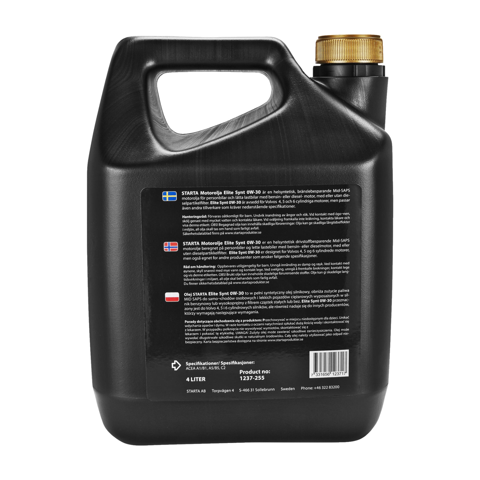 En svart 4-liters plastbehållare med Starta Fully Synthetic Engine Oil Elite Synt med ett guldfärgat skruvlock, med en vit etikett som visar produktdetaljer, specifikationer och produktnummer.