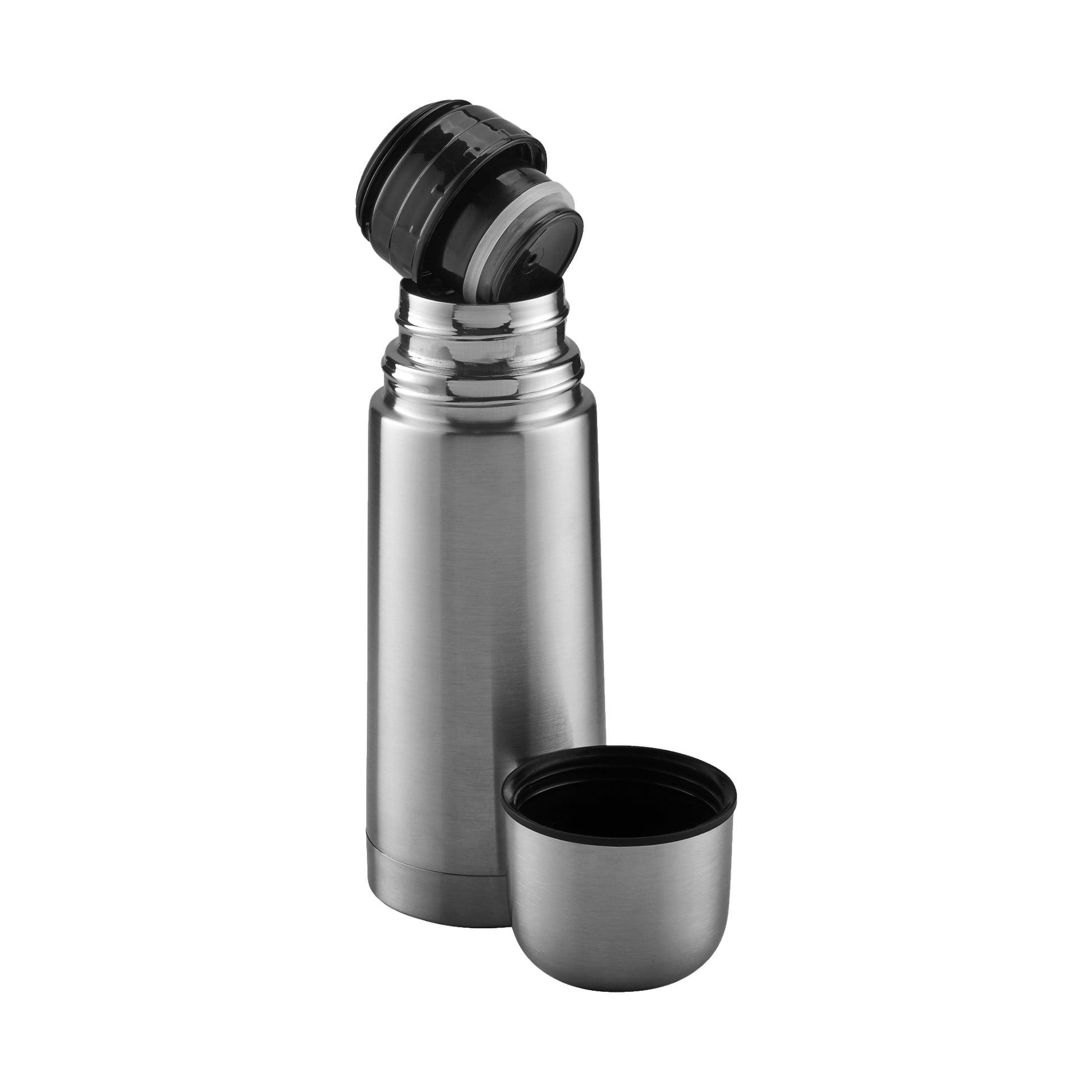 En rostfri Kayoba Vacuum Flask visas med locket öppet och locket placerat bredvid.