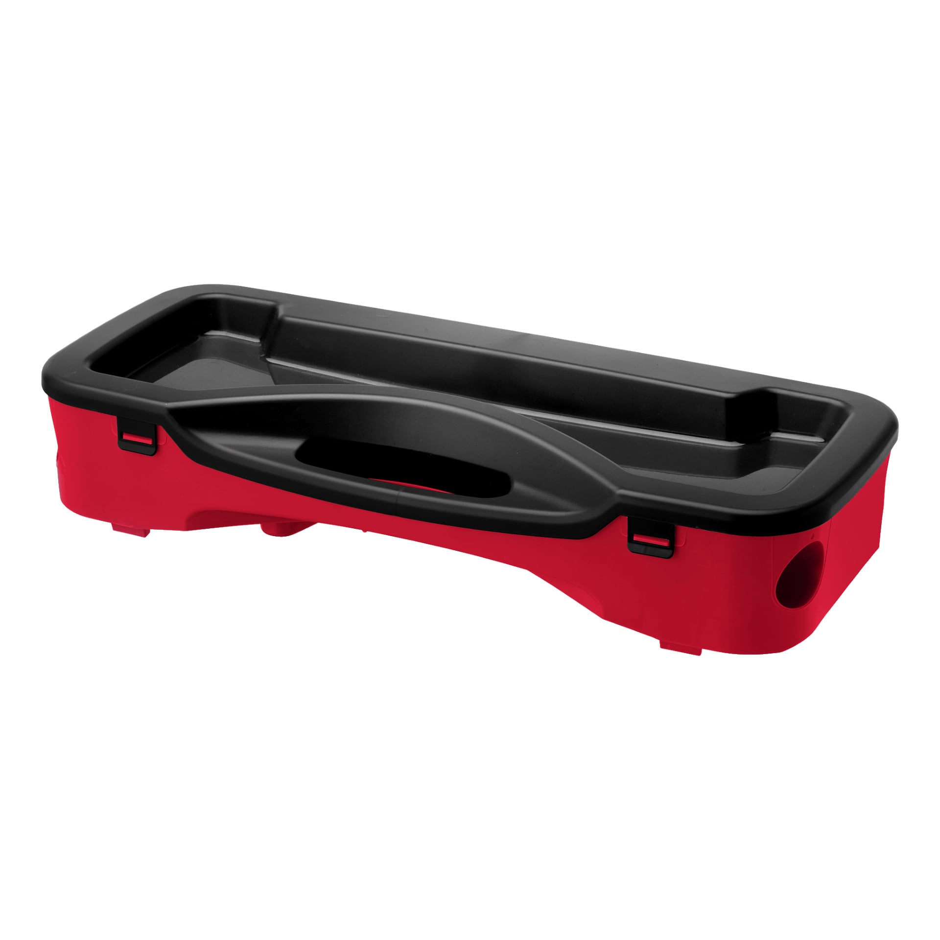 Etui do badmintona Kayoba wykonane z czerwono-czarnego plastiku z uchwytem na środku, płytkimi częściami wewnątrz, dwoma zatrzaskami z przodu, gładko zakrzywionymi krawędziami i małym otworem w prawym dolnym rogu.