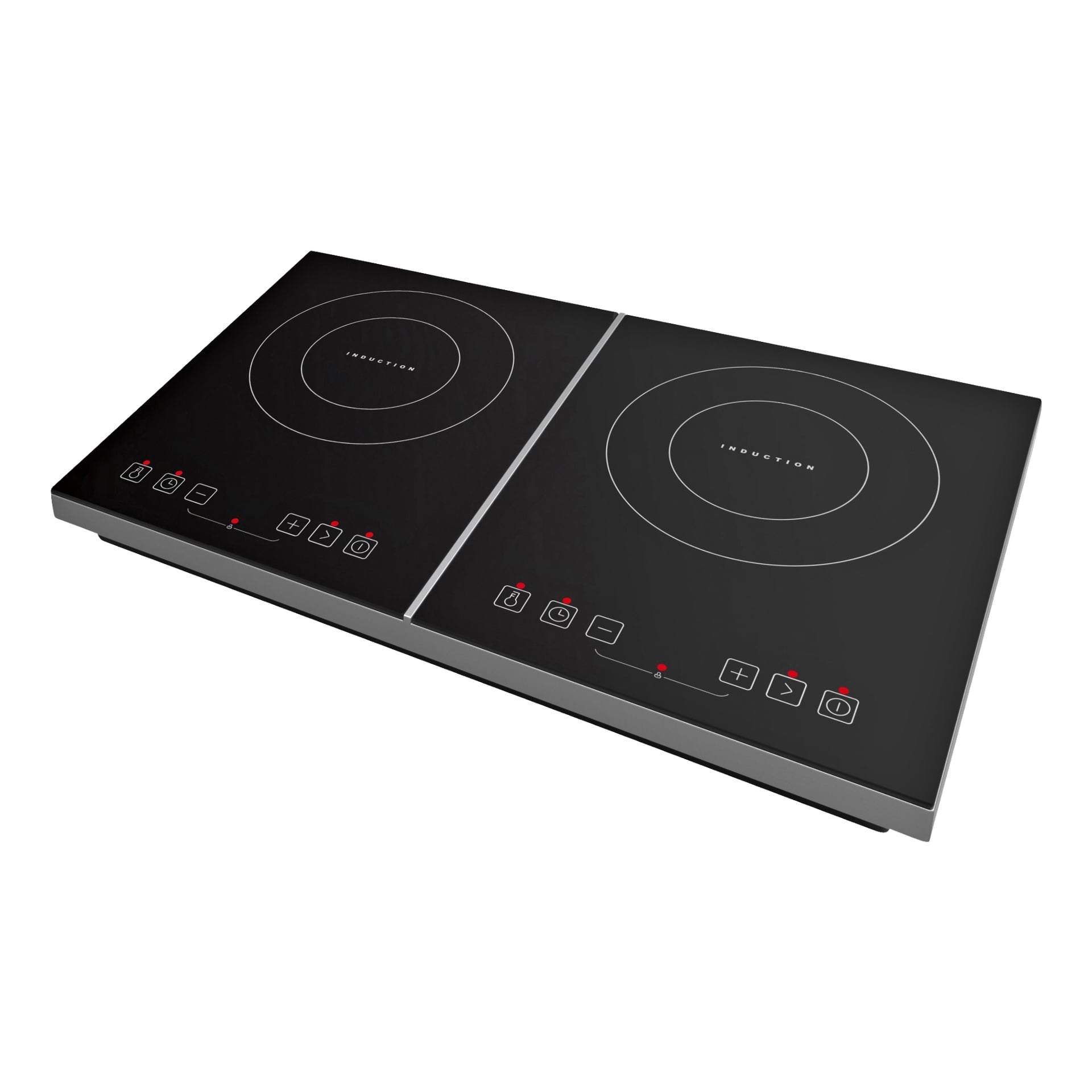 Płyta Menuett Double Induction Plate to elegancka płyta kuchenna z dwoma palnikami, z których każdy oznaczony jest okrągłym obrysem oznaczonym "Indukcja". Wyposażony jest w cyfrowe wyświetlacze i sterowanie dotykowe, z przyciskami starannie rozmieszczonymi na dolnej krawędzi.