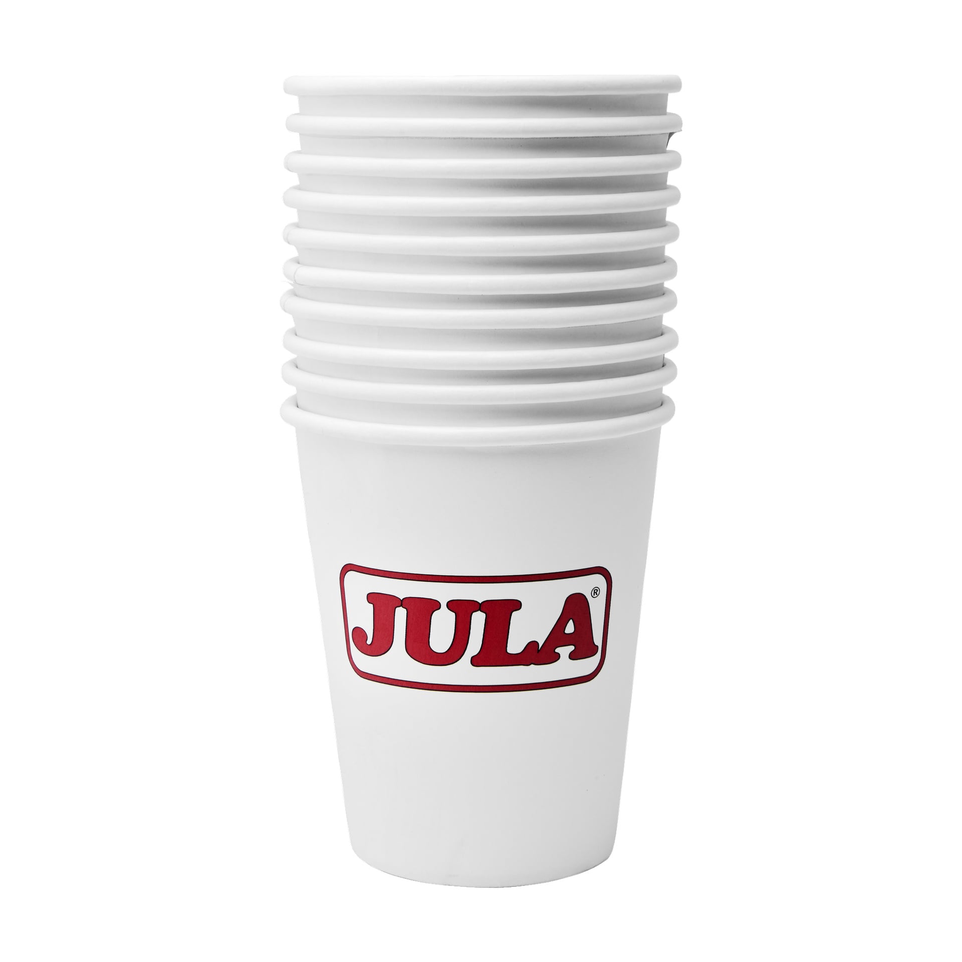 En pent arrangert pakke med ti hvite papirkrus fra Jula, hver med den sterke røde "JULA"-logoen på forsiden.