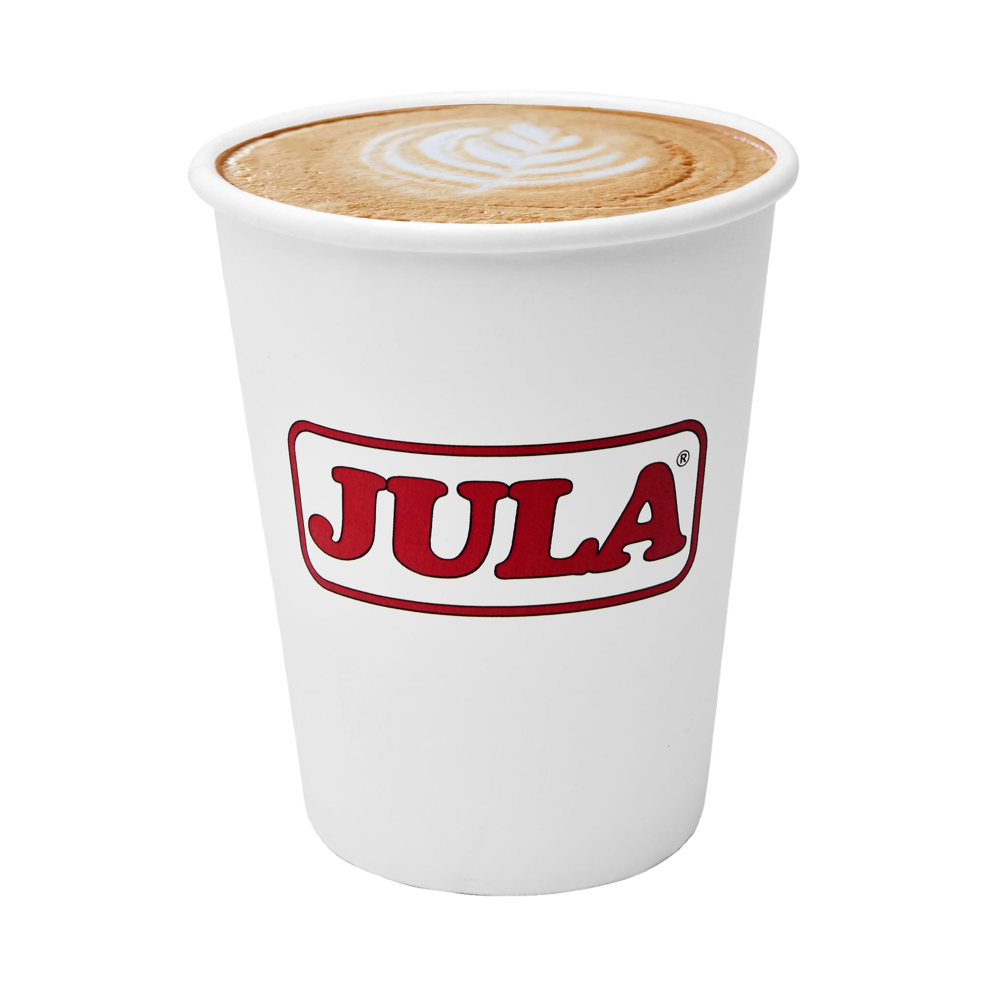 En hvit papirkopp fra en Jula 10-pakning holder en latte med bladformet lattekunst på toppen, som viser den røde Jula-logoen på koppen.