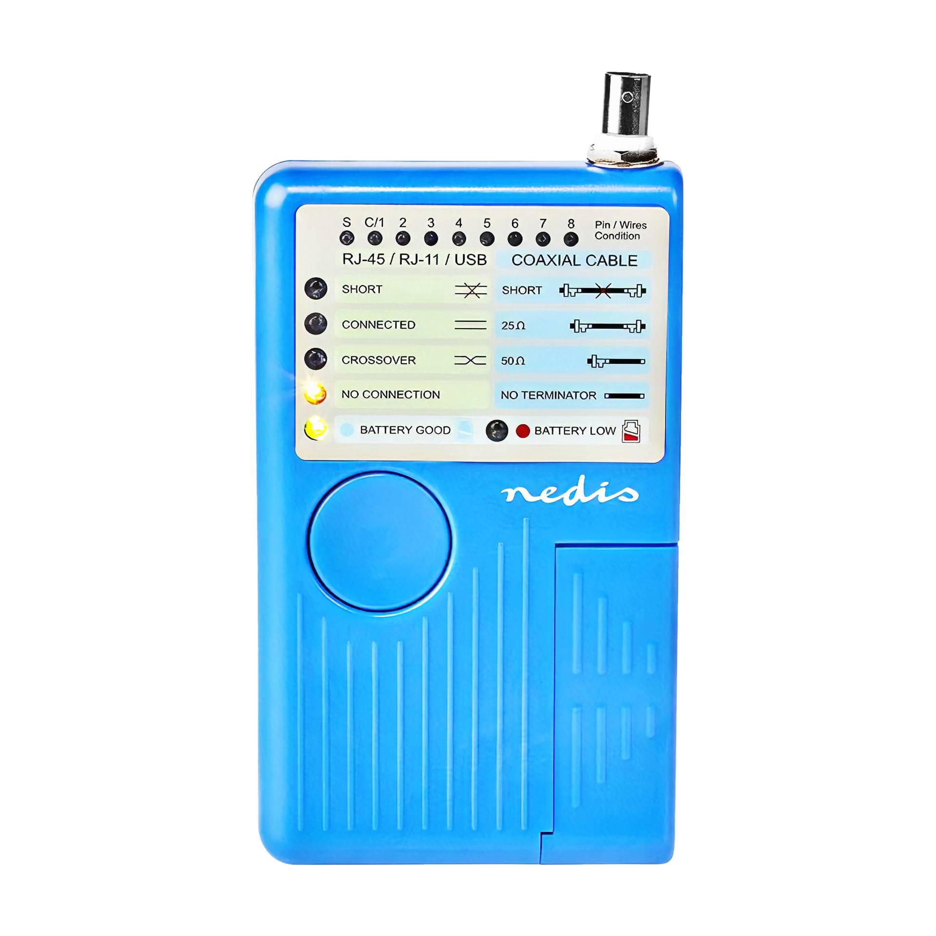 En blå Nedis kabeltestare med en displaypanel visar statuslampor för RJ-45, RJ-11, USB och koaxialkablar. Testaren visar anslutningsresultat, detekterar delningsfilter, indikerar batteritid och presenterar flera testresultat.