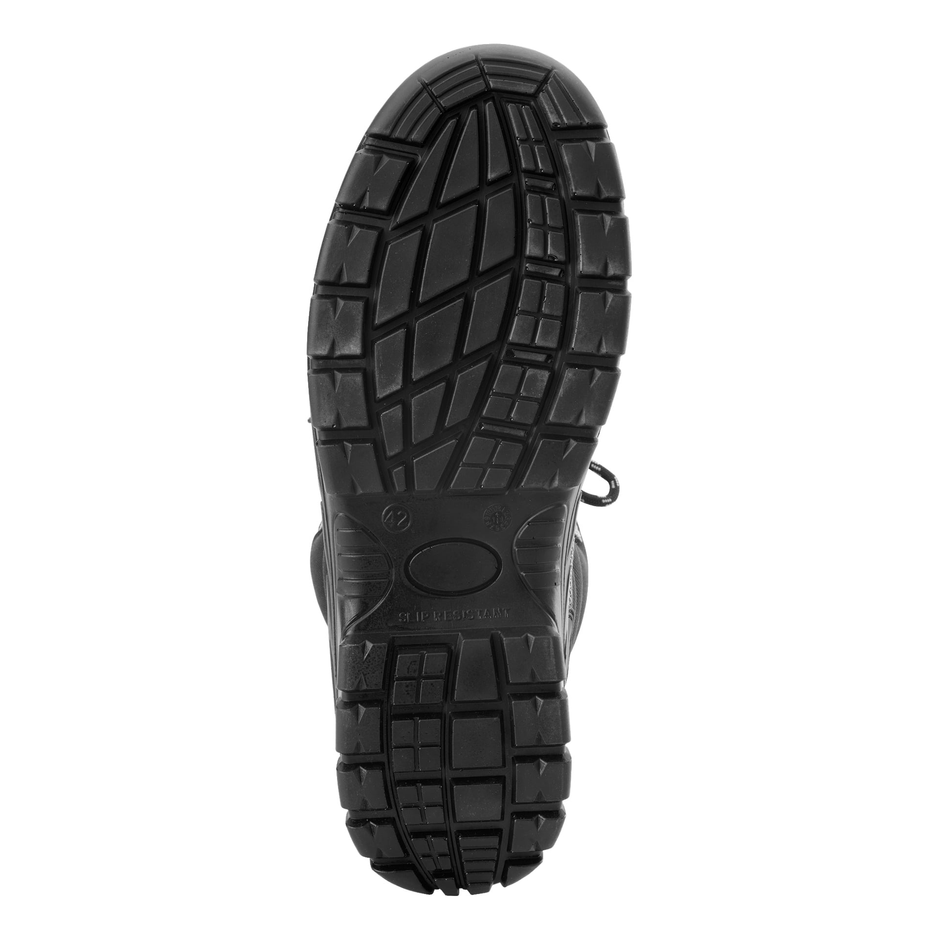 Zbliżenie na buty Safety Wyoming firmy Bluewear ukazuje geometryczny wzór bieżnika czarnej podeszwy dla przyczepności i przyczepności, z wyraźnie widocznymi znakami i symbolami, w tym tekstem Bluewear w cudzysłowie.