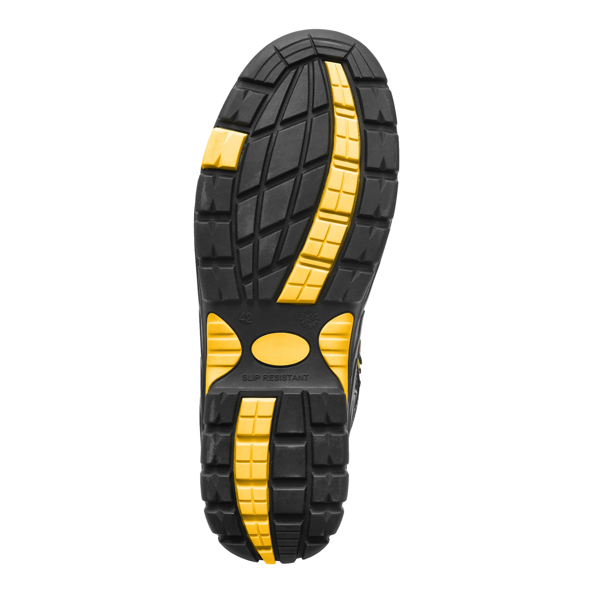 En detaljerad vy av undersidan av en Bluewear Safety Boots Vermont i svart med gula detaljer, som visar ett robust och halksäkert mönster. Sulan visar siffran 42 och frasen HALKRESISTENT.