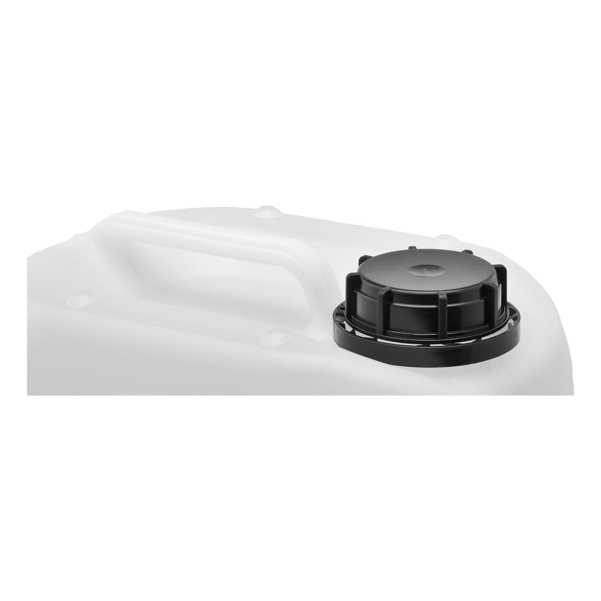 Nærbilde av en Kayoba vannkanne, en hvit plastbeholder med innebygd håndtak og en stor svart skruhett. Fokuset er på lokket og den øvre delen av beholderen.