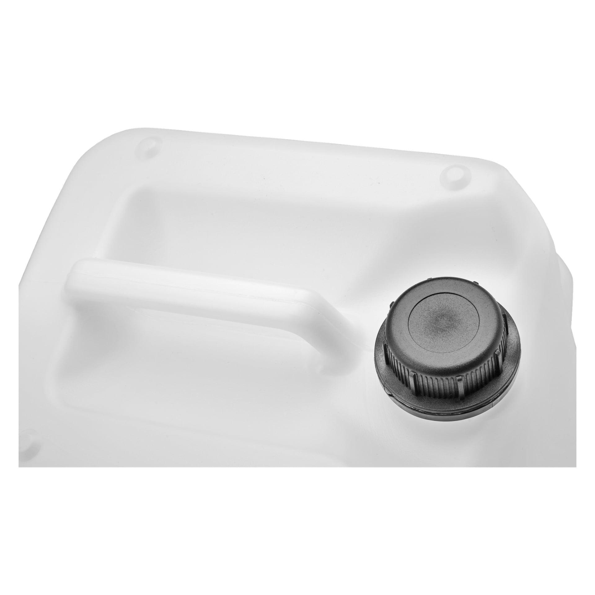 Nærbilde av Kayoba Water-boksen, som viser dens hvite plastkropp med innebygd håndtak og en sikkert festet svart skruekork. Utsiden av boksen har en jevn finish.