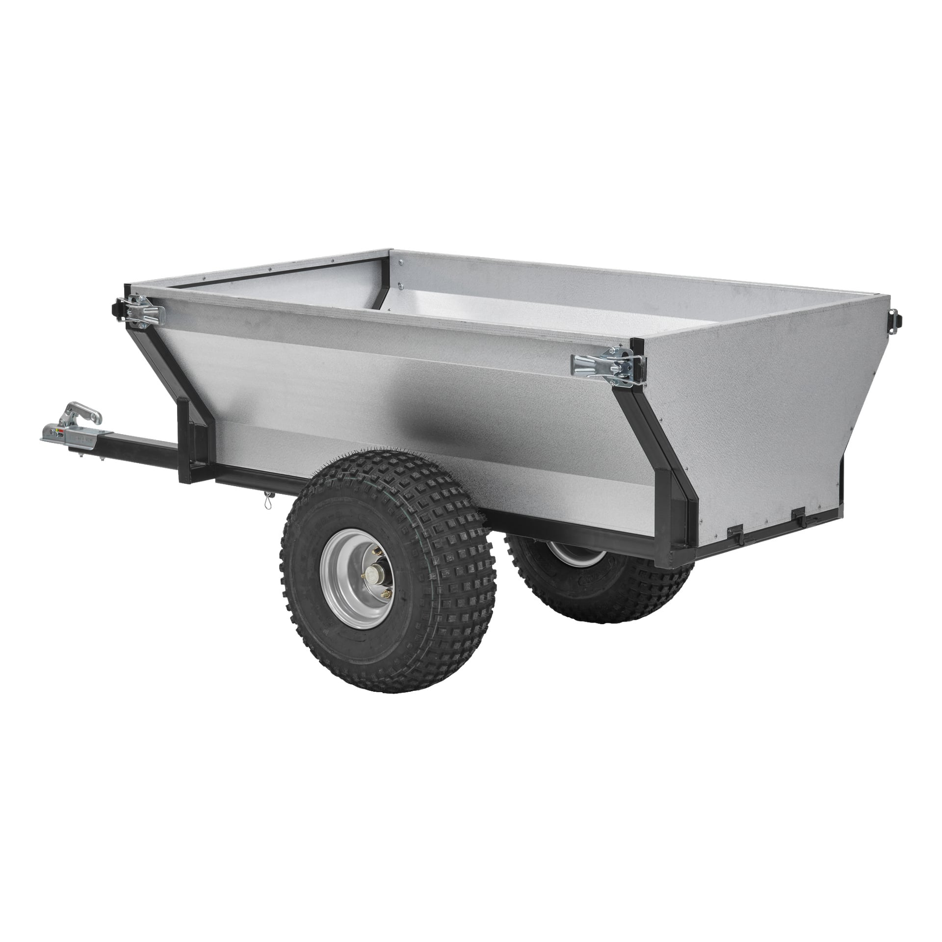 En Hamron ATV-trailer med en robust silverfärgad metallrektangulär flak, förstärkta kanter, tjocka terrängdäck, en solid svart ram och dragkrok – lämplig för att dra olika laster.