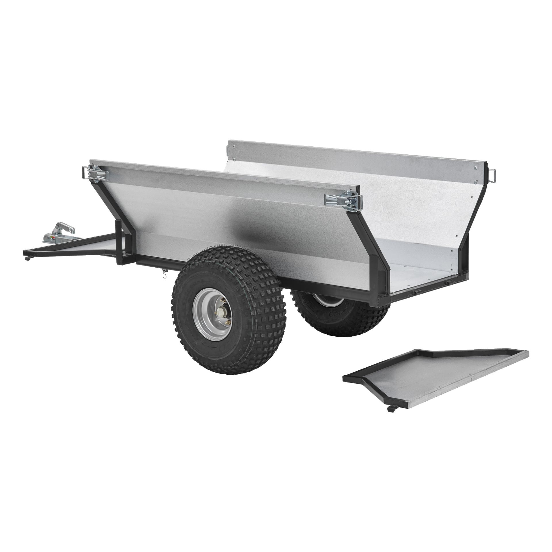 Hamron ATV-släpet har en stark metallram, två stora hjul, en öppen baklucka och ett avtagbart platt lock som visas åt sidan. Dess enkla design betonar hållbarhet och användbarhet för att transportera laster.