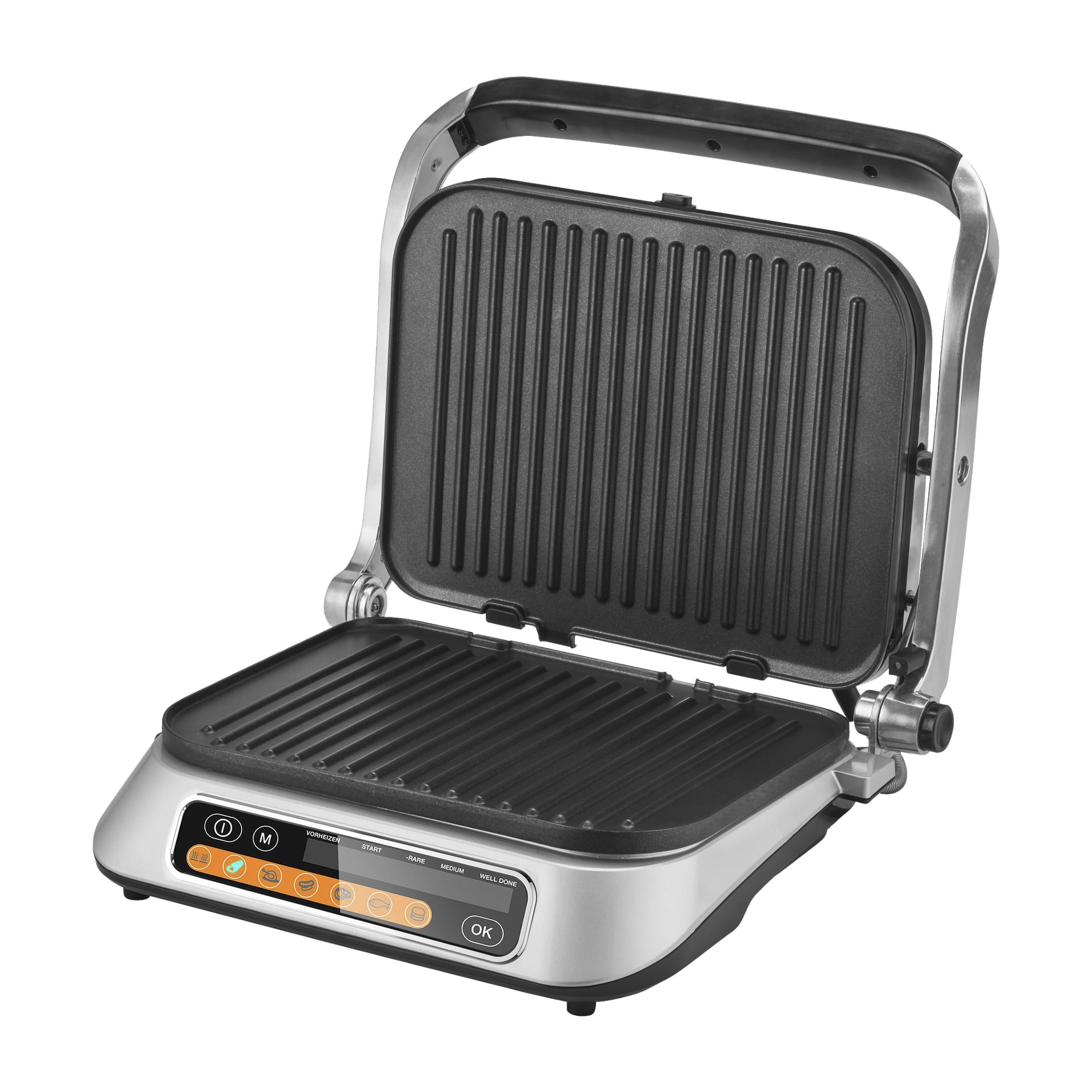 Menuett Table Grill Smart on sähkögrilli, jossa on ruostumattomasta teräksestä valmistettu viimeistely, saranoitu kansi ja tarttumattomat uurteiset keittolautaset. Sen digitaalisessa ohjauspaneelissa edessä on merkityt painikkeet. Grilli näyttää olevan auki, ja molemmat keittopinnat näkyvät.