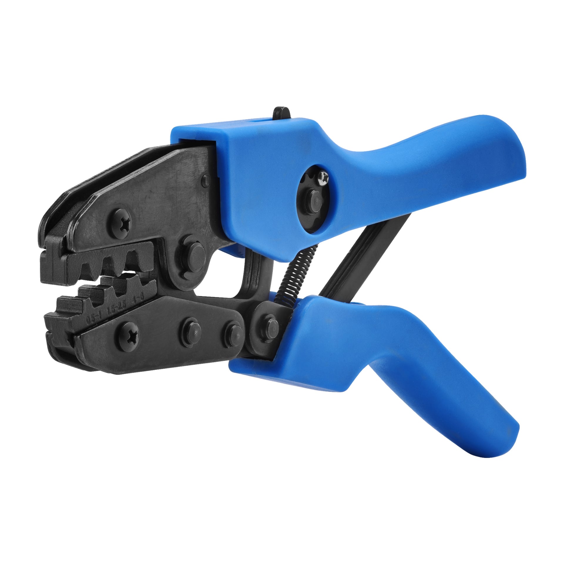 En närbild på Hamron Crimping Tool med blå handtag och svarta metallkäkar, placerade i en vinkel.