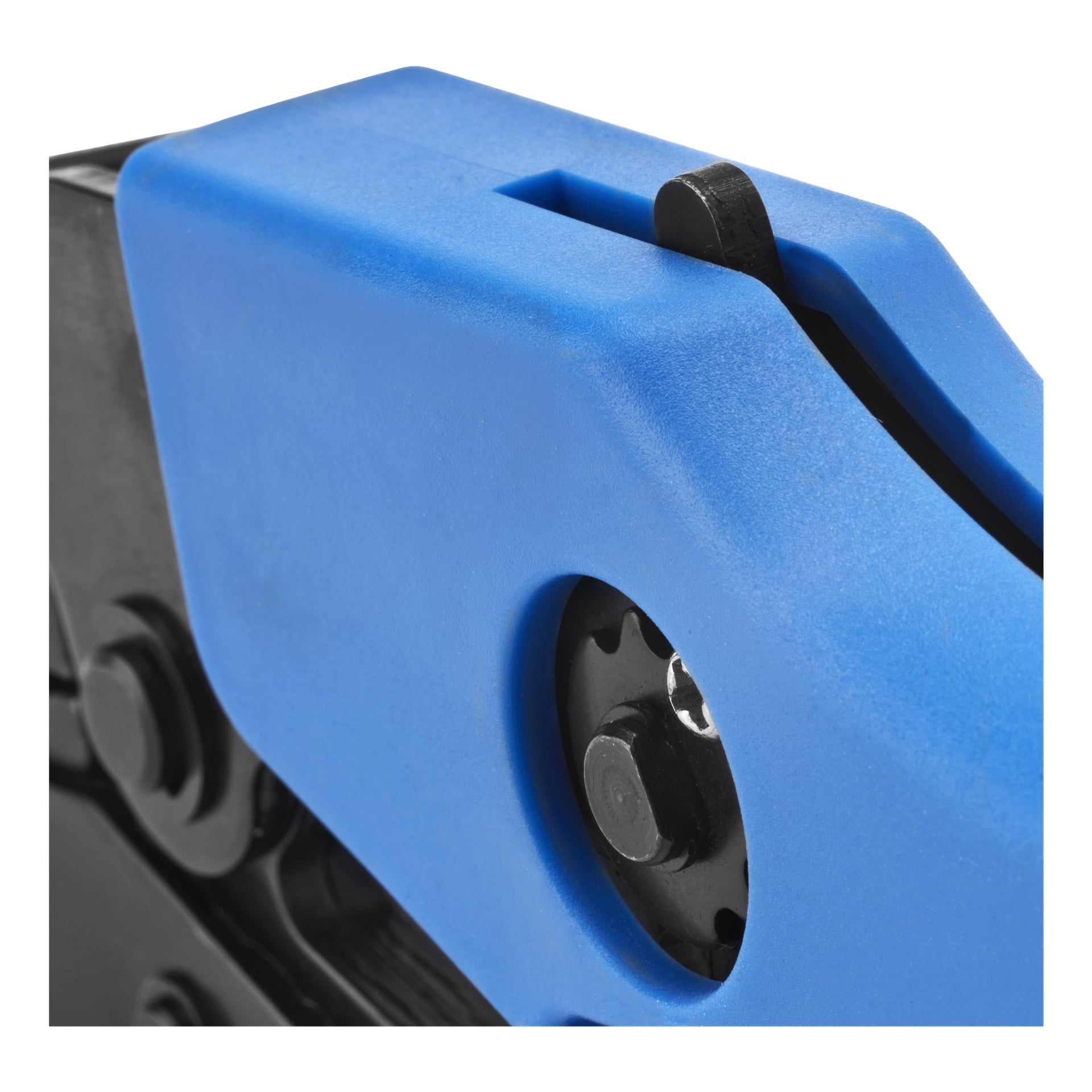 Detaljerad närbild av Hamron Crimping Tool med ett blått handtag, som blottar dess metallmekanism och en delvis synlig svart justeringsratt under plasthandtagets skydd. Bilden betonar verktygets texturerade ytbehandling och intrikata mekaniska komponenter.
