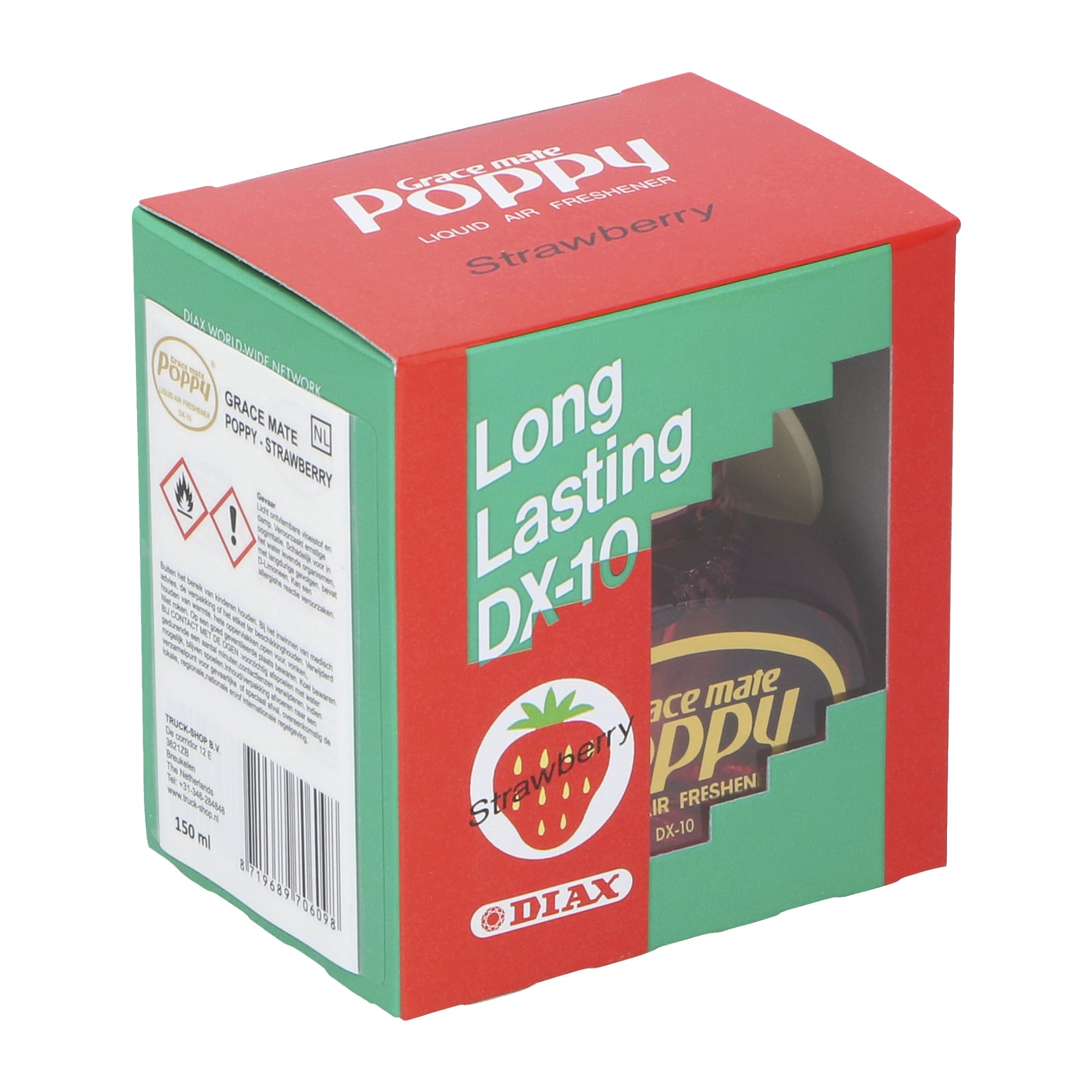 En röd och grön Gracemate Air-refreshener Poppy Strawberry box med ett klart fönster som visar produkten. Förpackningen marknadsför dess långlivade DX-10-formel, visar jordgubbsbilder och visar säkerhetsinformation.