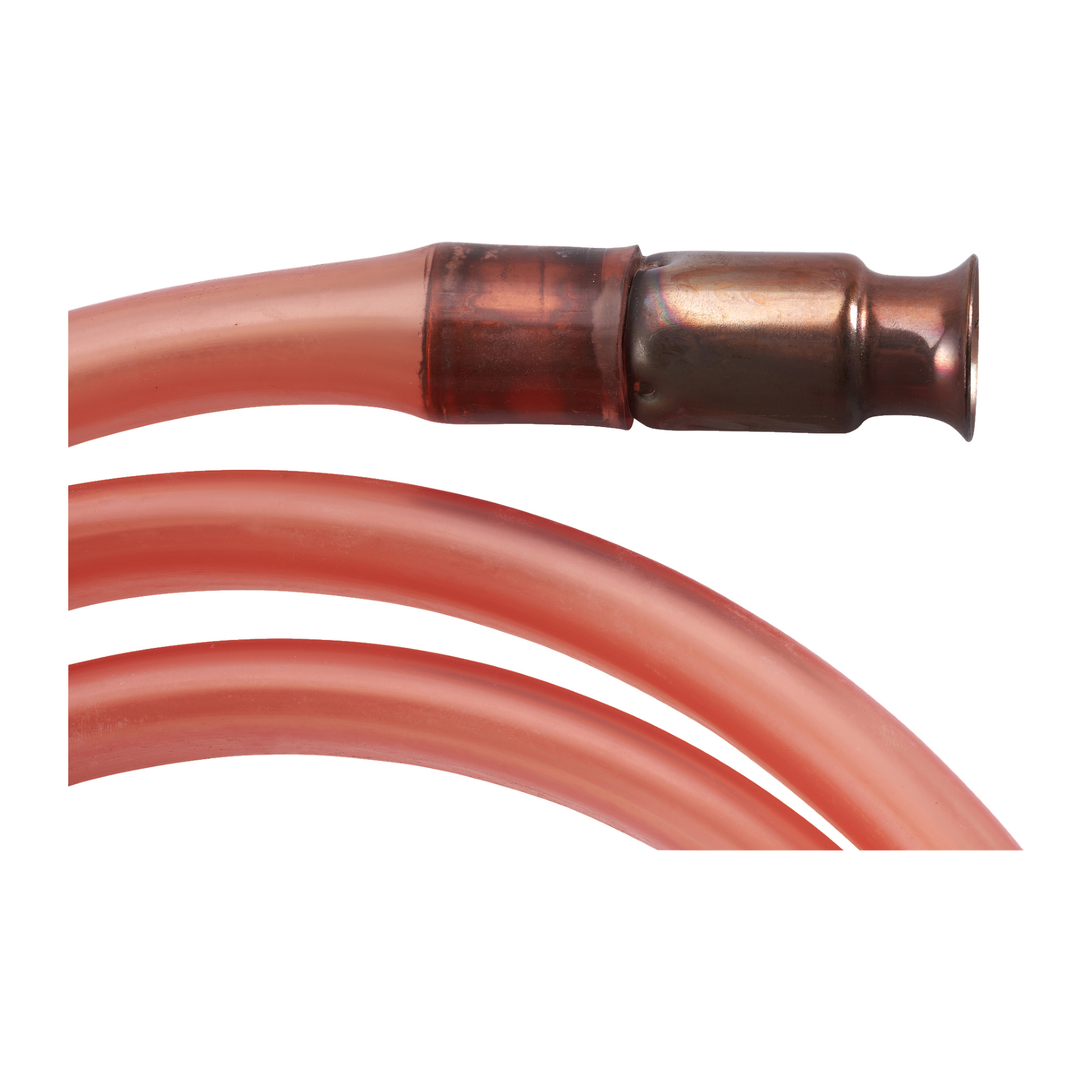 En närbild av Hamron Siphon-slangen visar dess ringlade röda gummiform med ett metallmunstycke fäst i ena änden.