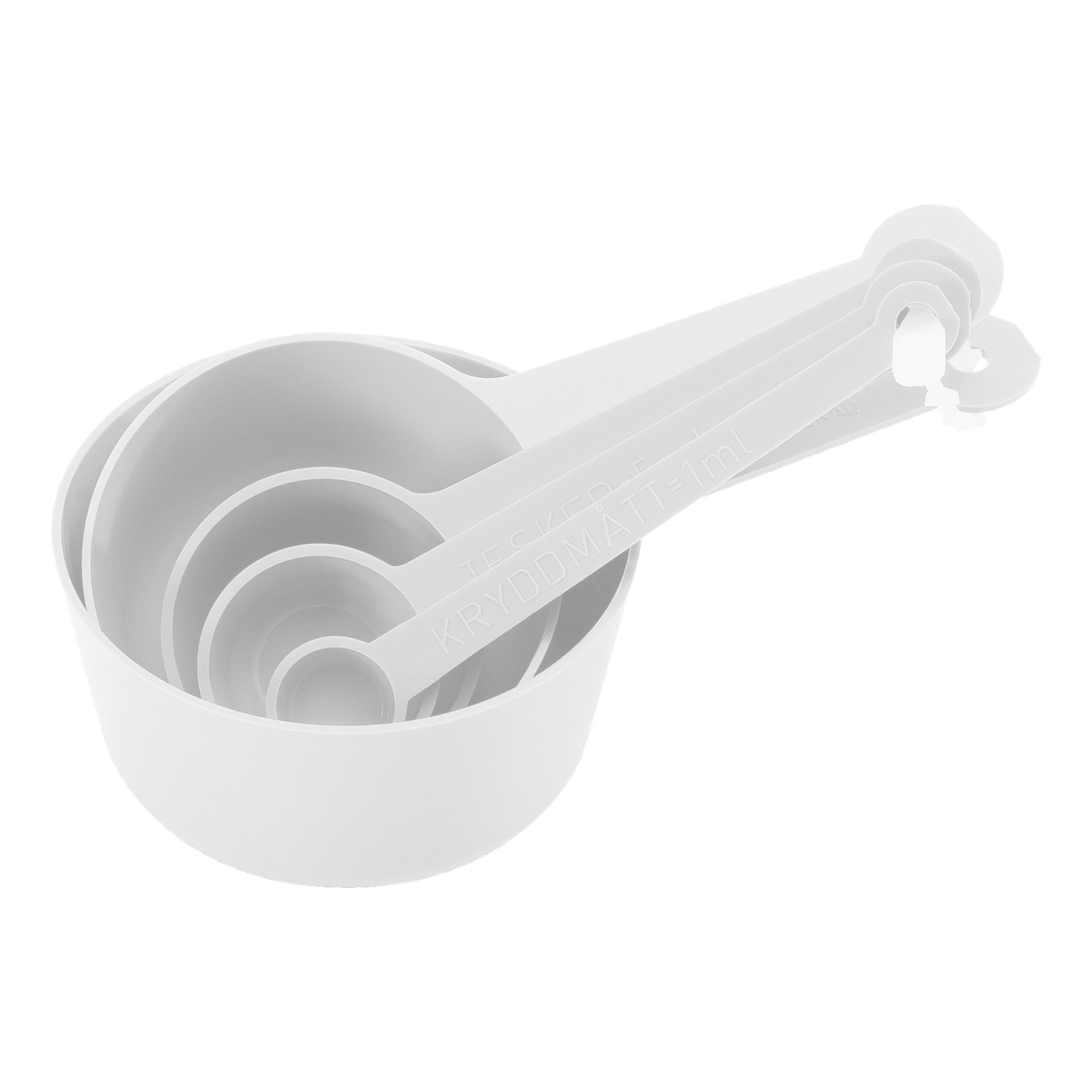 Fem vita plastmåttkoppar i olika storlekar är staplade inuti varandra, med handtagen uppradade och hållna ihop av en plastring.