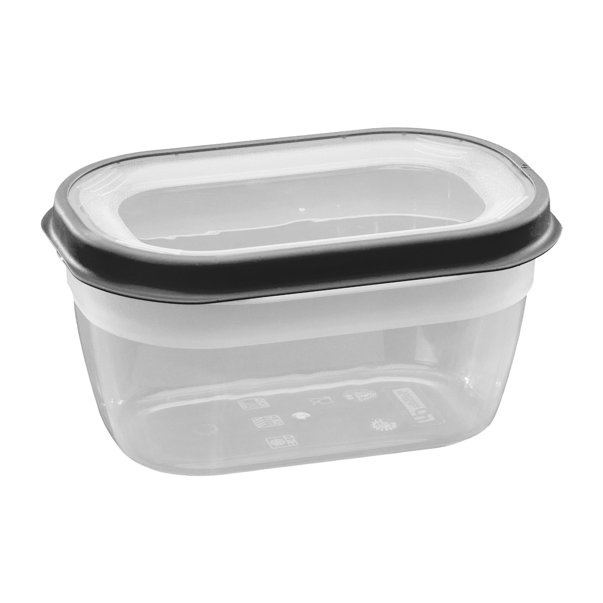 En genomskinlig plastbehållare för Menuett med svartvitt lock. Symboler är synliga längst ner och indikerar användningsanvisningar eller materialdetaljer.