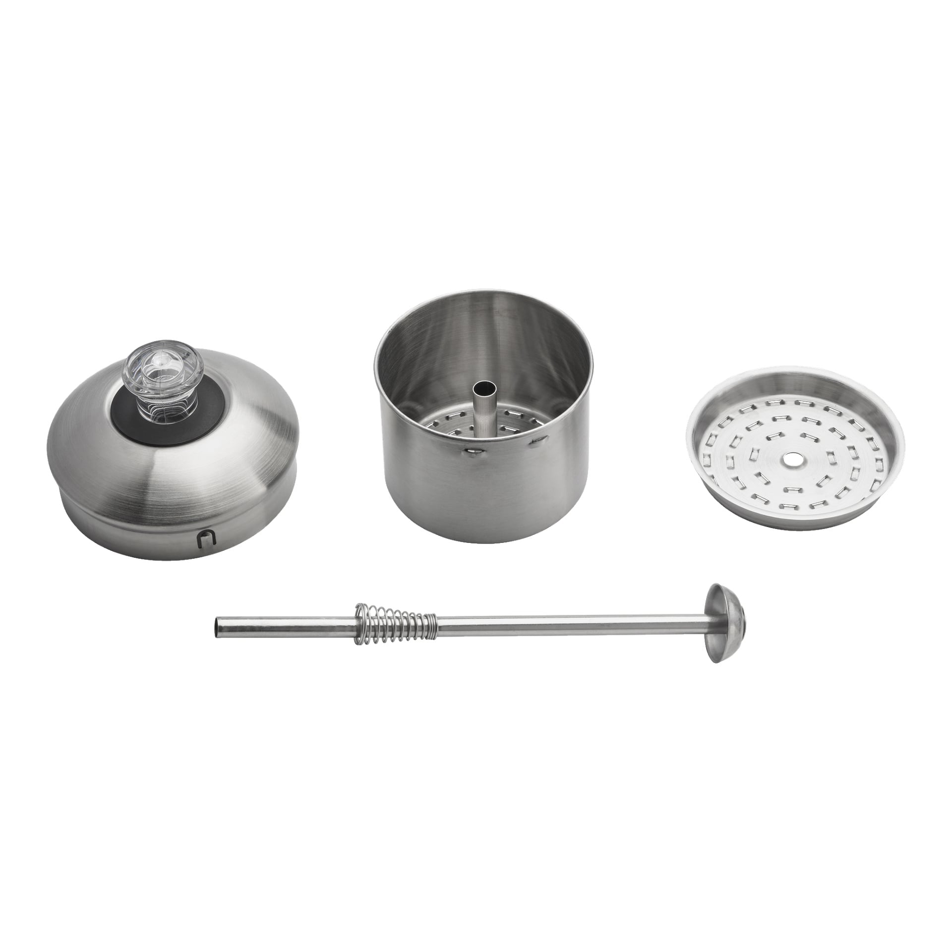 Fyra rostfria delar från en isärplockad Menuett-perkolator—ett lock med ratt, en cylindrisk behållare, ett filter och en kolvstång med fjäder och platt skiva—är prydligt arrangerade tillsammans.