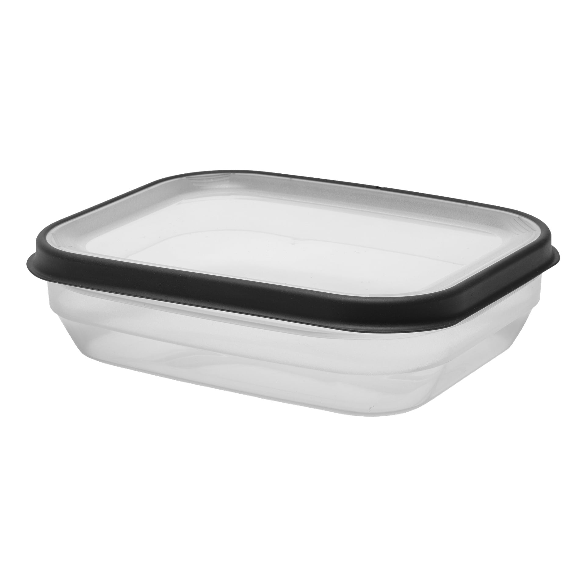 En klar plastbehållare för Menuett Storage-material med rektangulär design och en svart försegling runt lockets kant.