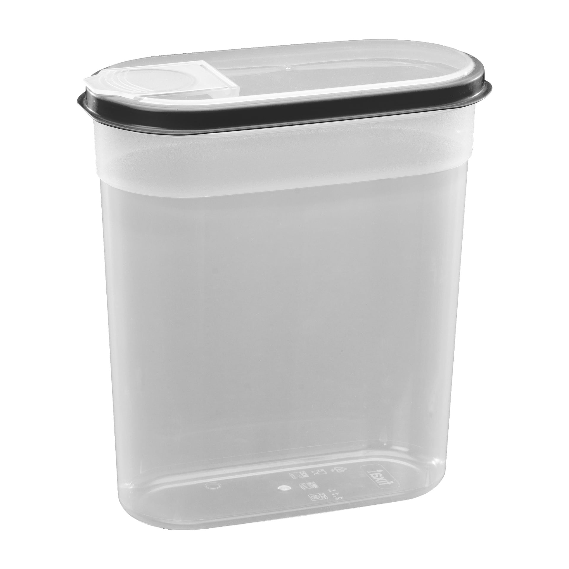 En genomskinlig plastbehållare för Menuett med ett genomskinligt lock inramat i svart och en lättgjuten pip. Behållaren är rektangulär med mjukt rundade hörn och verkar vara tom.