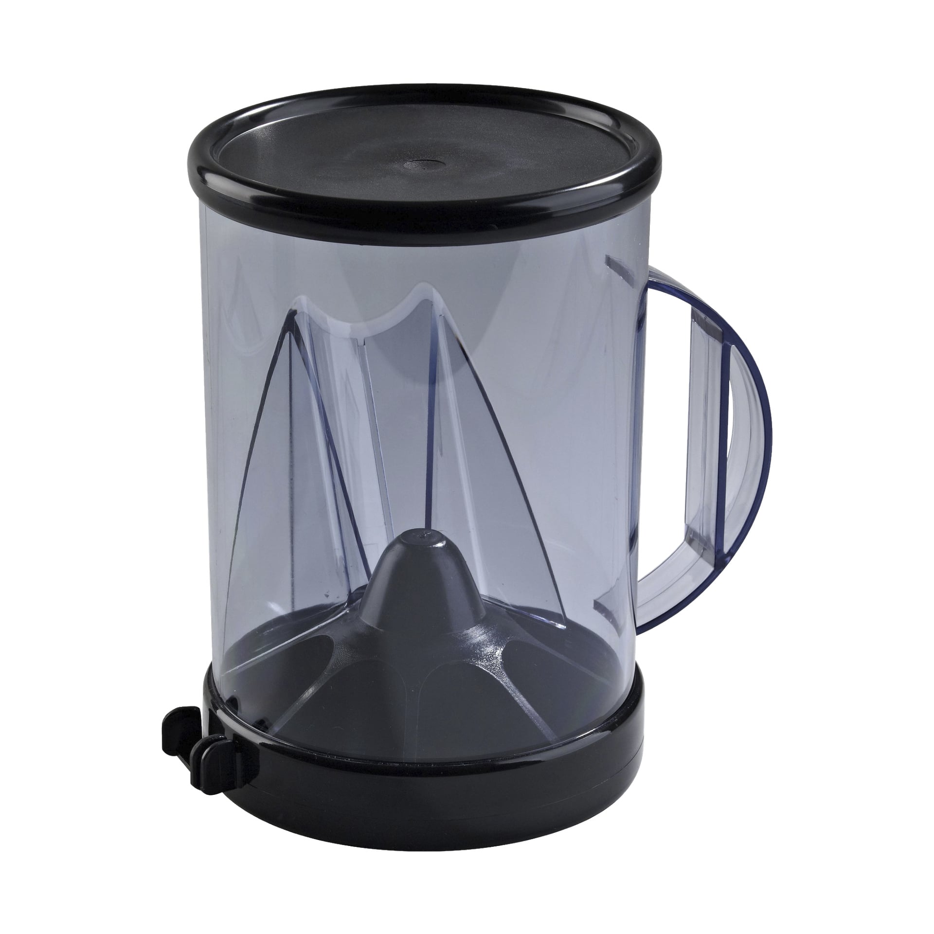 Ein transparenter Kunststoff-Kaffeedoser mit Griff, schwarzem Deckel, einem Hebel am unteren Rand, mehreren internen Trennwänden und einer kegelförmigen Struktur in der Mitte.